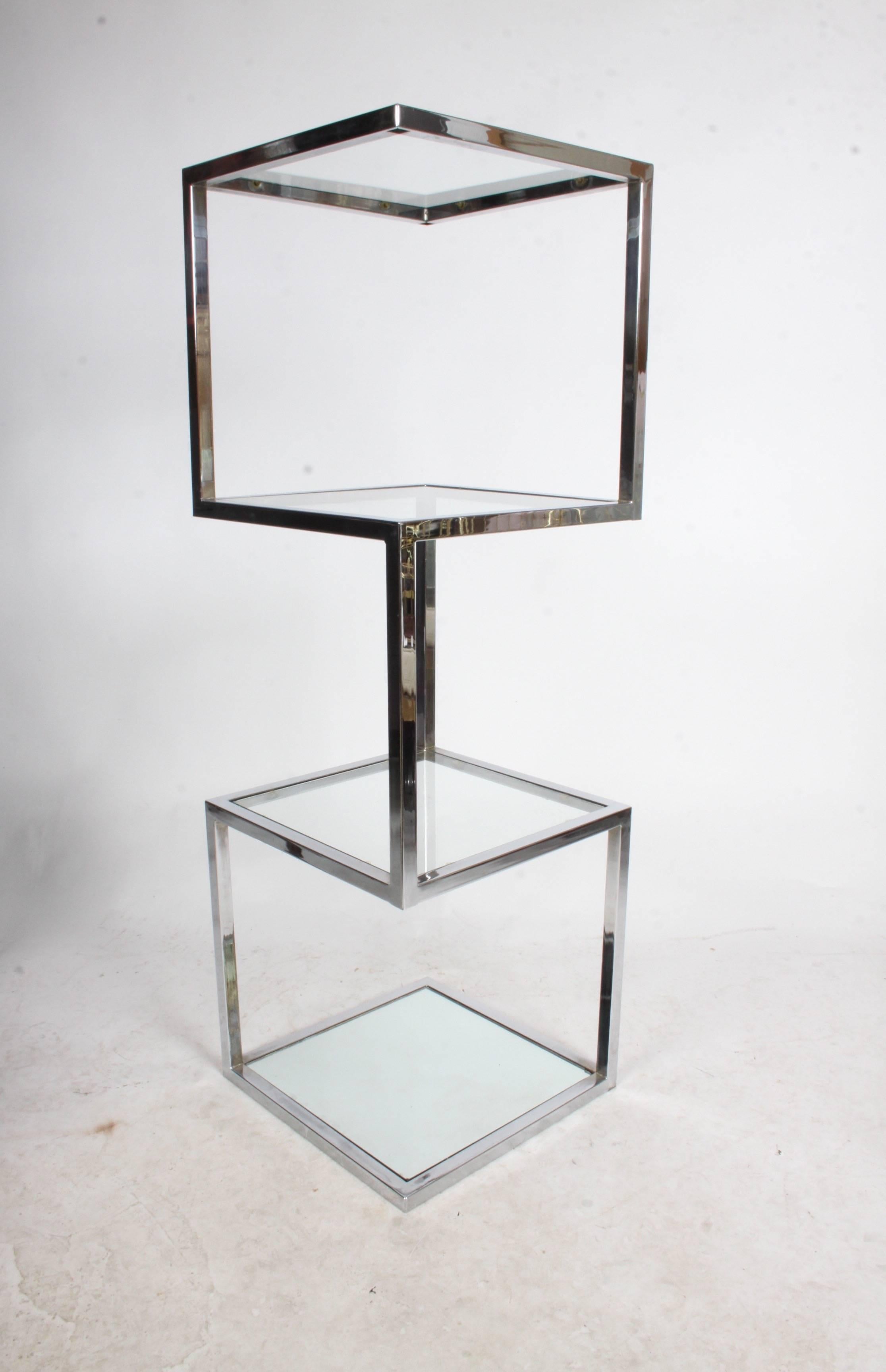  Milo Baughman chrome and glass sculptural tower etagere.  Stacked cubed display has 4 display surfaces, with 17