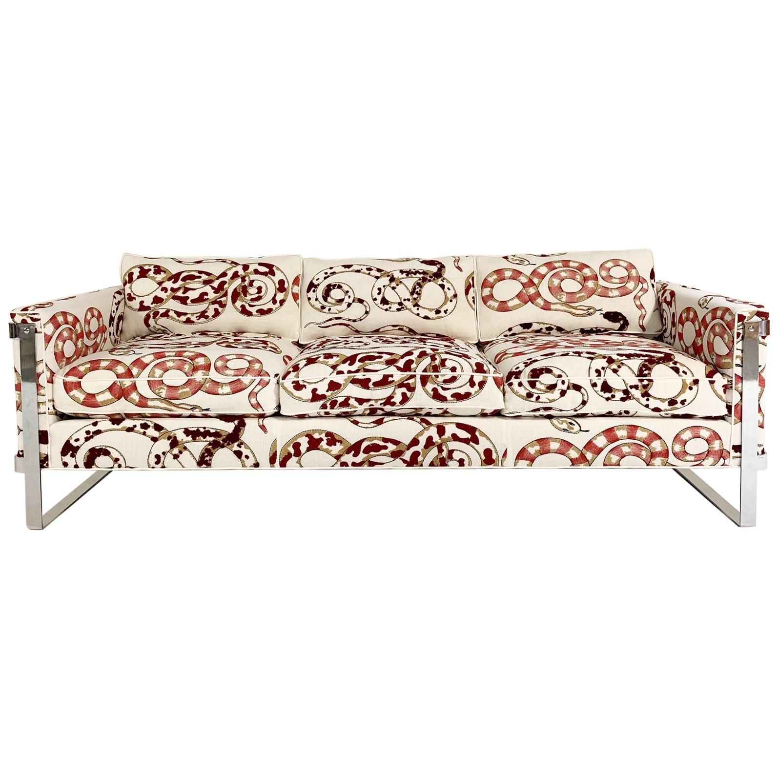 Milo Baughman Chrome Sofa in Pierre Frey Venimeuses