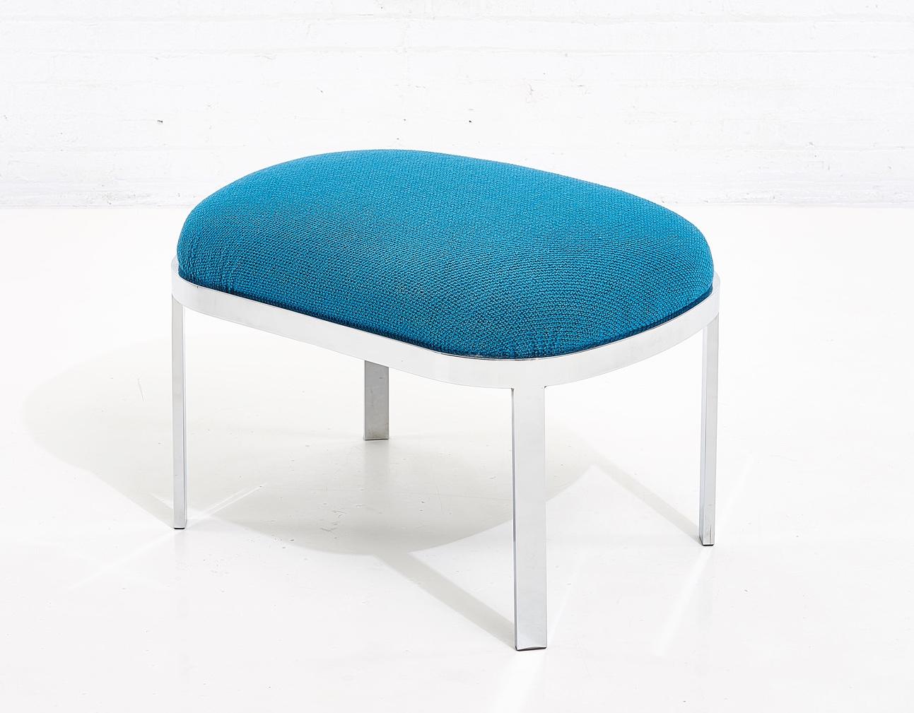 Milo Baughman chrome stool reupholstered in Knoll textiles, Aegean Boucle.
 