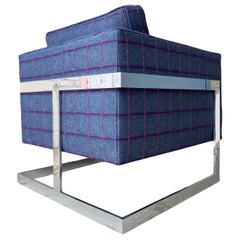 Milo Baughman Chrome "T Lounge" Chair Reupholstered in Embroidered Denim