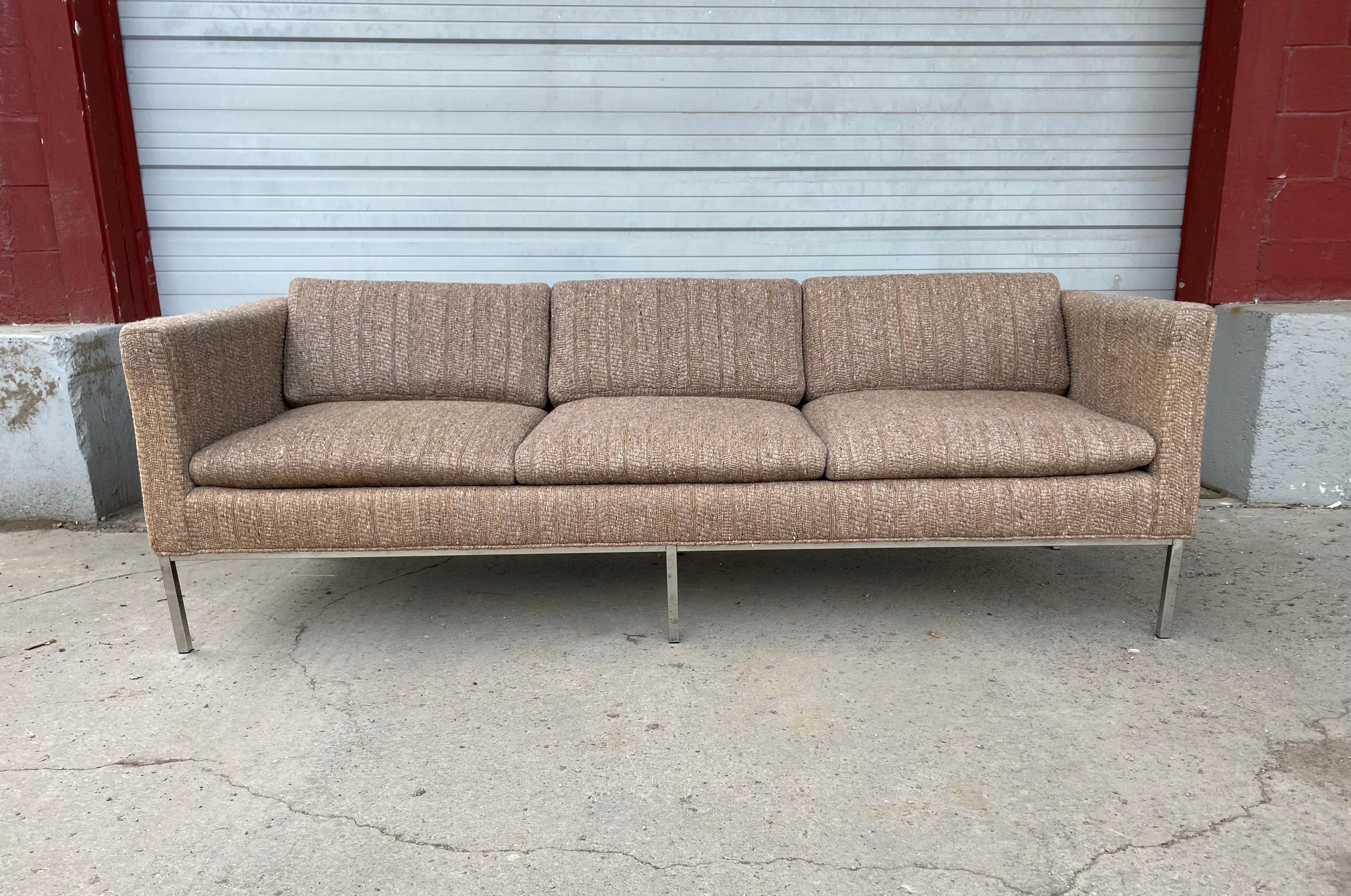 Classic modernist fabric and chrome three-seat sofa attributed to Milo Baughman, retains original wool upholstery, in nice usable condition, soft and extremely comfortable, slight fading, free of rips tears, stains, odors etc, hand delivery avail to
