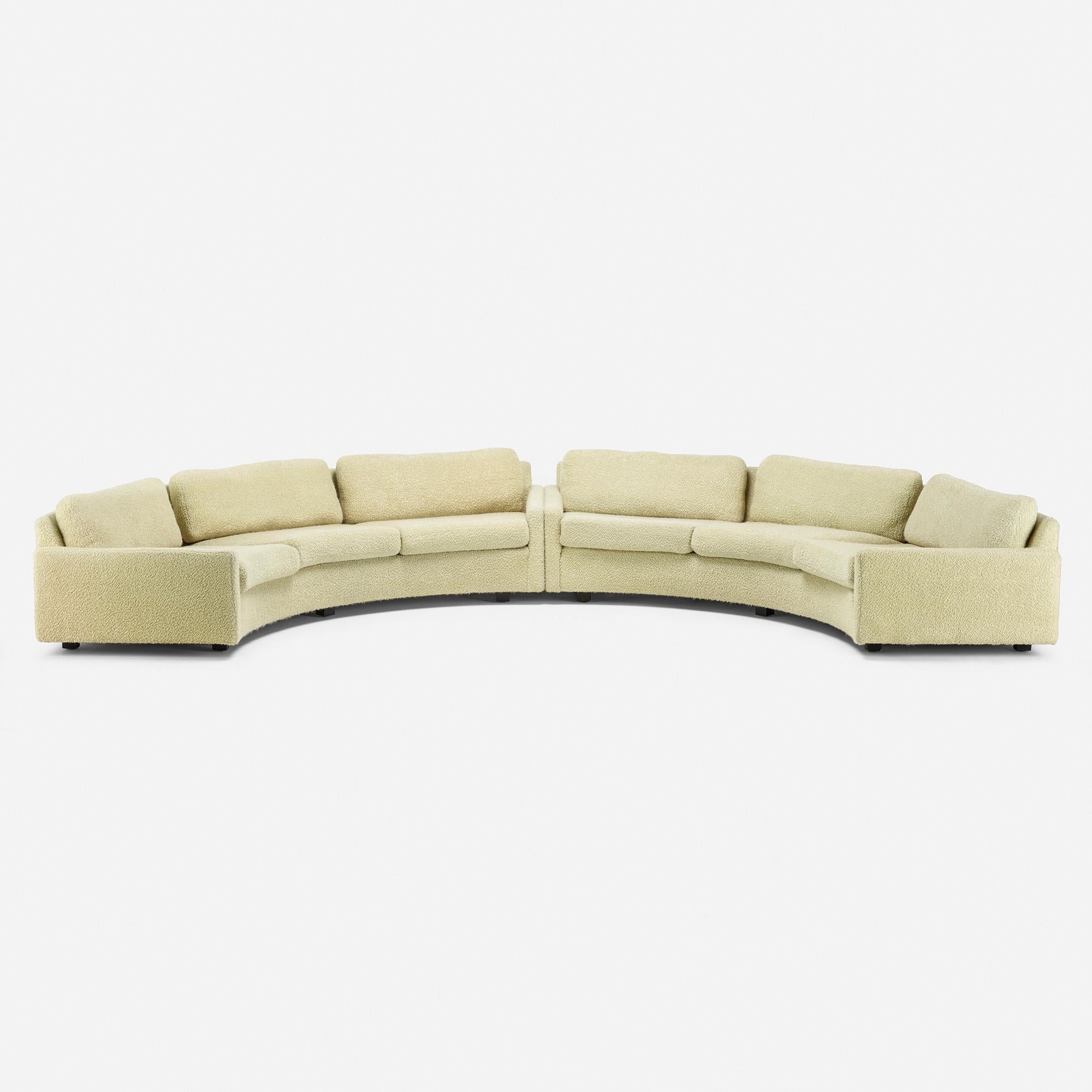 Made by: Thayer Coggin, USA / 1971

Material: upholstery, lacquered wood

Size: 174 W × 82 D × 26.5 H in seat height 16.5 inches

Description: Upholstery manufacturer's label to under cushions ‘Made by Thayer Coggin High Point, North