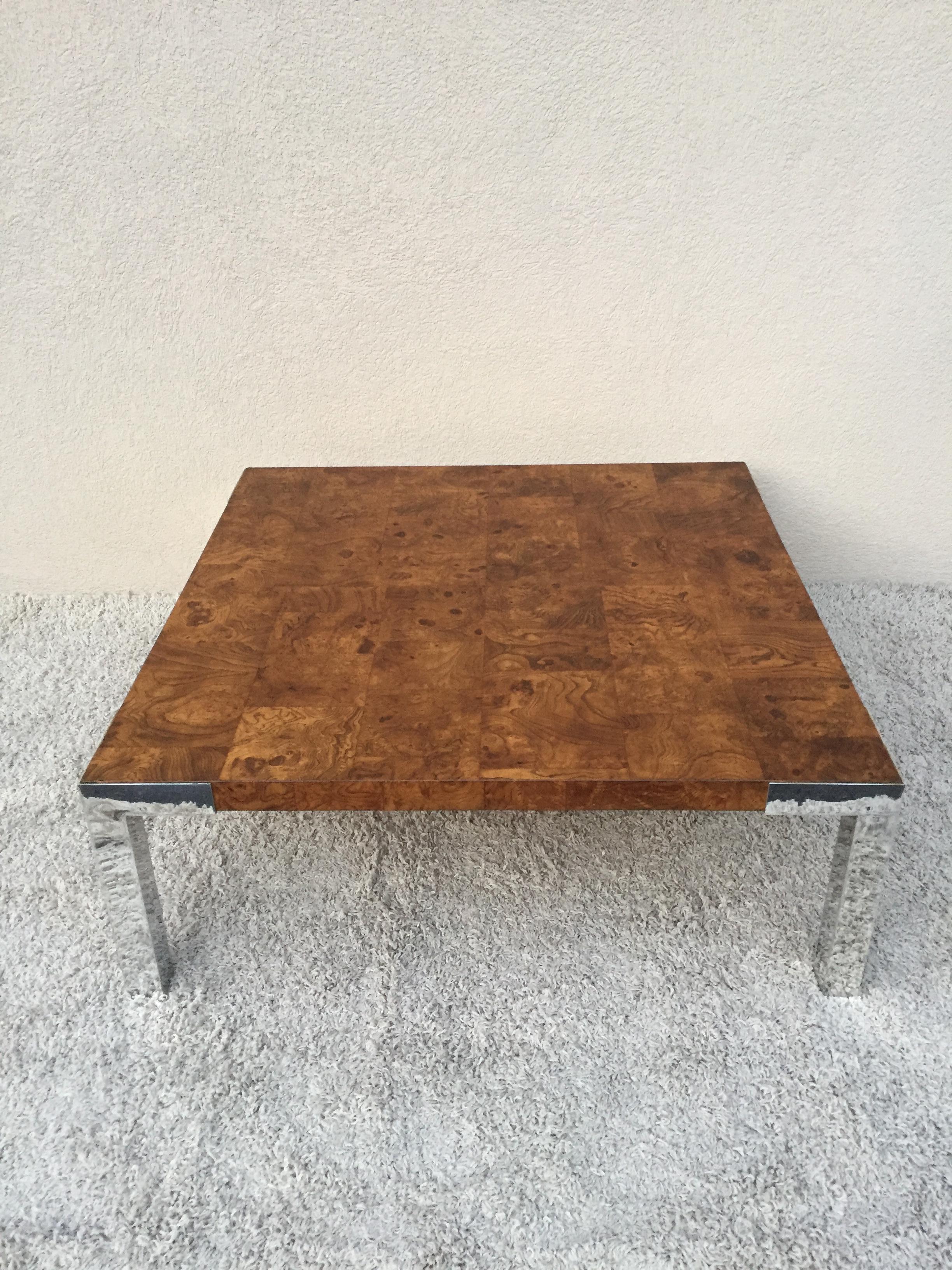 Mid-20th Century Milo Baughman Cityscape Burled Olive wood cocktail  table For Sale