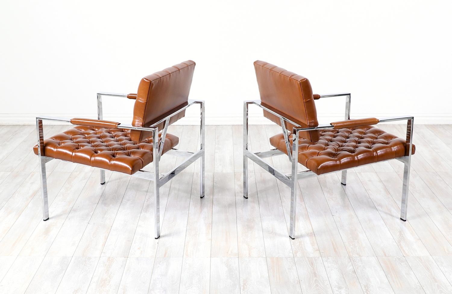 Mid-Century Modern Milo Baughman Cognac Leather & Chrome Lounge Chairs for Thayer Coggin For Sale