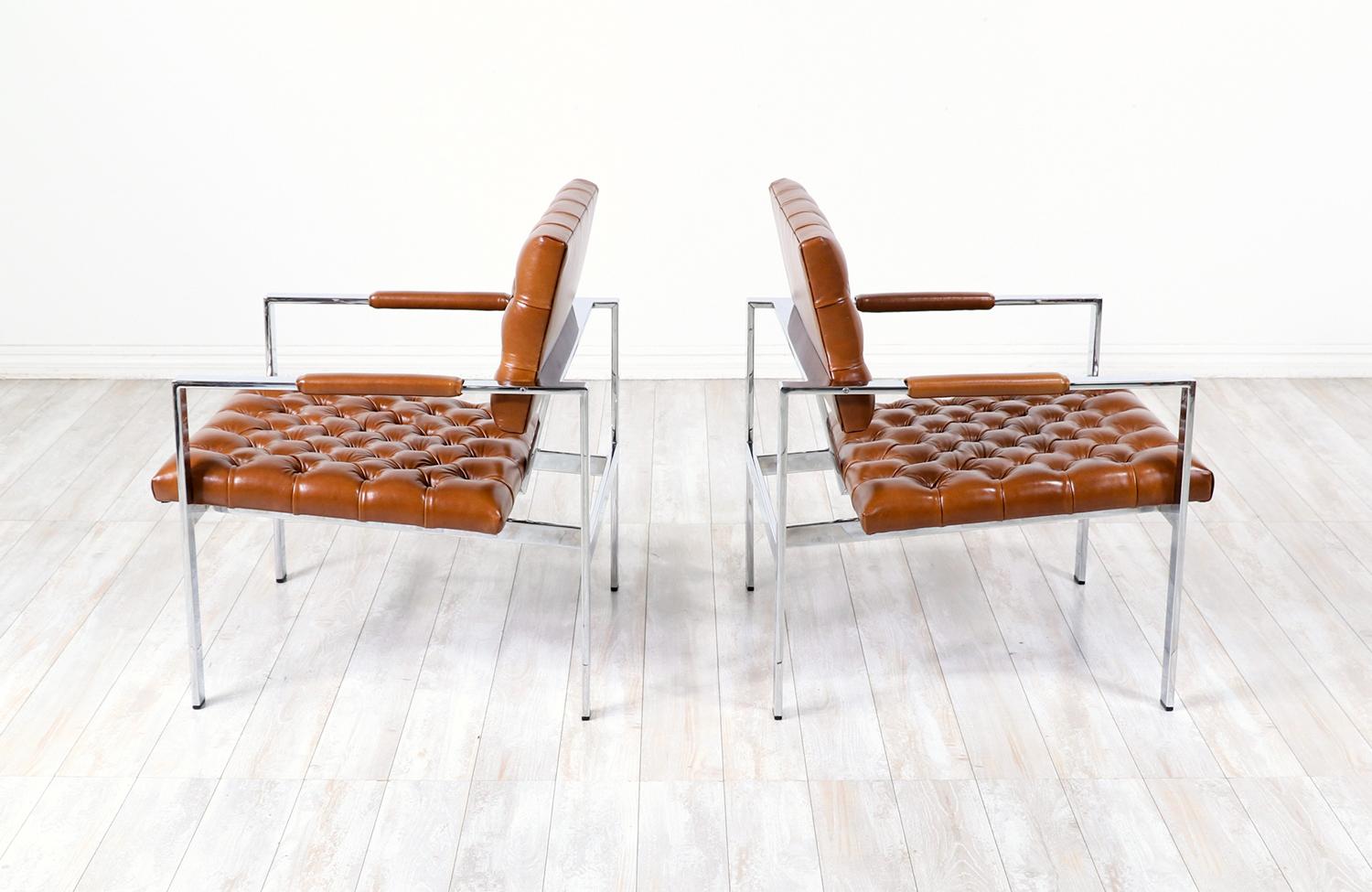 American Milo Baughman Cognac Leather & Chrome Lounge Chairs for Thayer Coggin For Sale