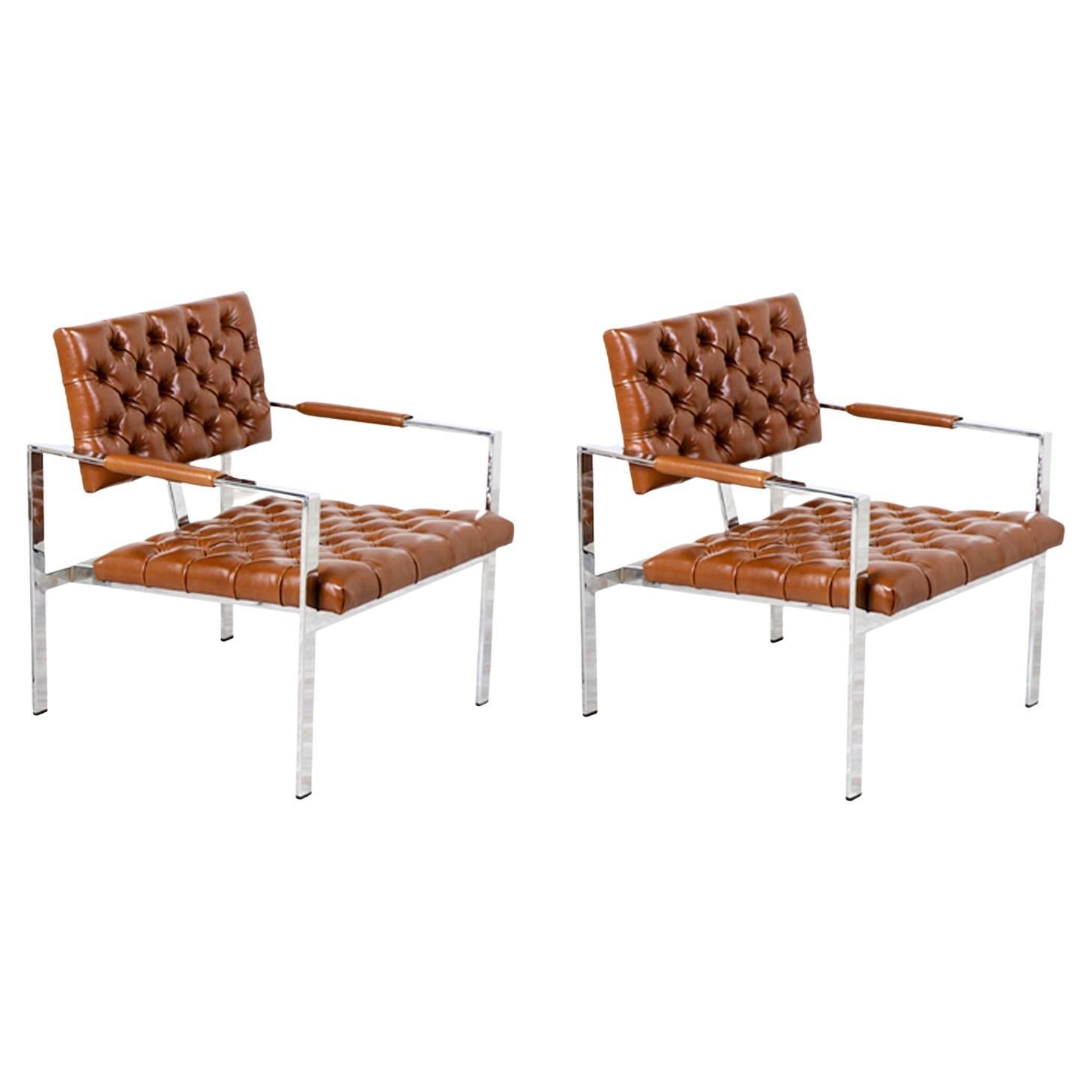 Milo Baughman Cognac Leather & Chrome Lounge Chairs for Thayer Coggin