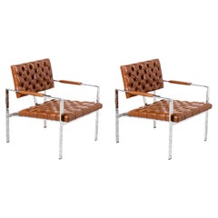 Fauteuils de salon Milo Baughman en cuir cognac et chrome pour Thayer Coggin