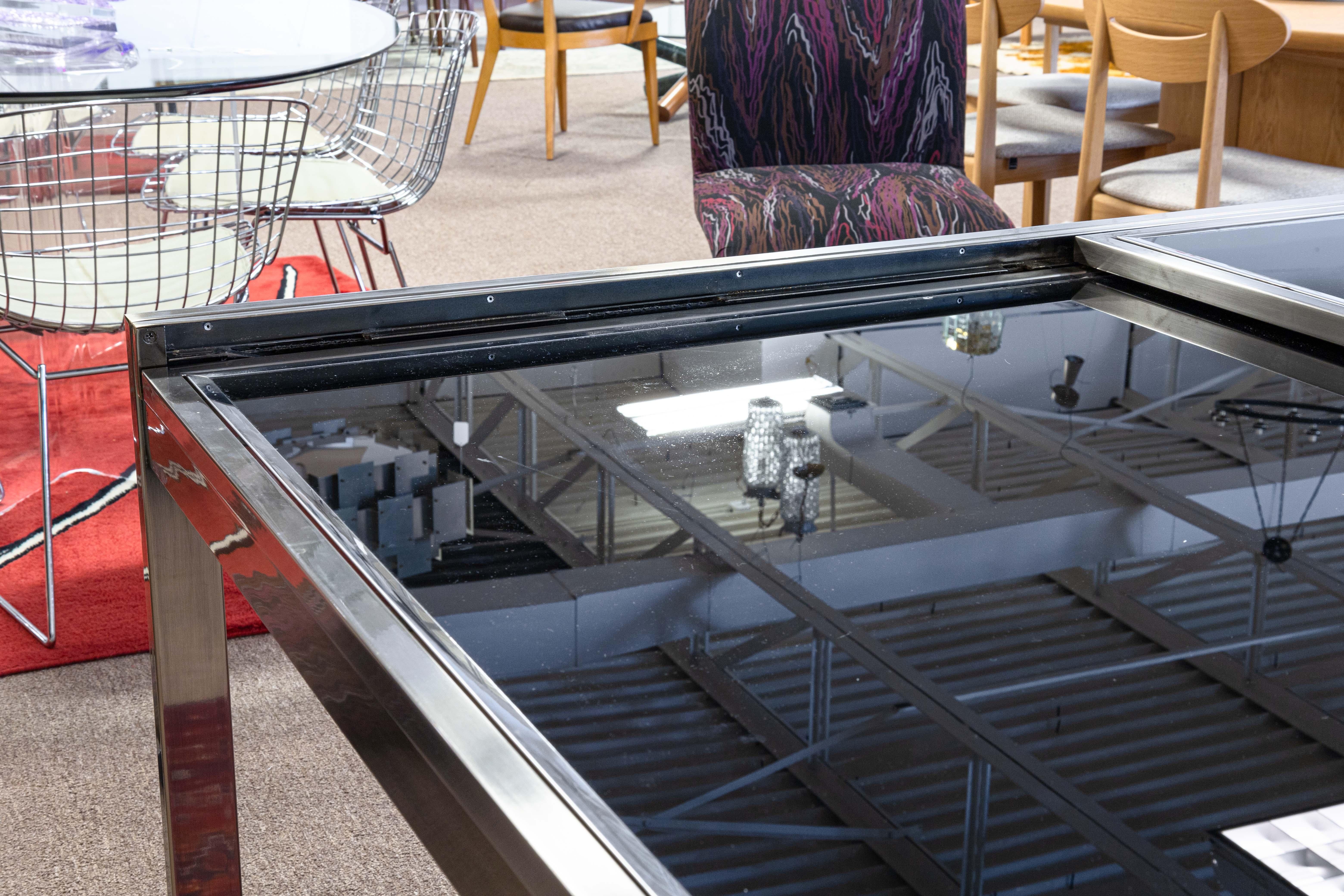 Metal Milo Baughman Contemporary Modern Chrome and Smoked Glass Expanding Dining Table