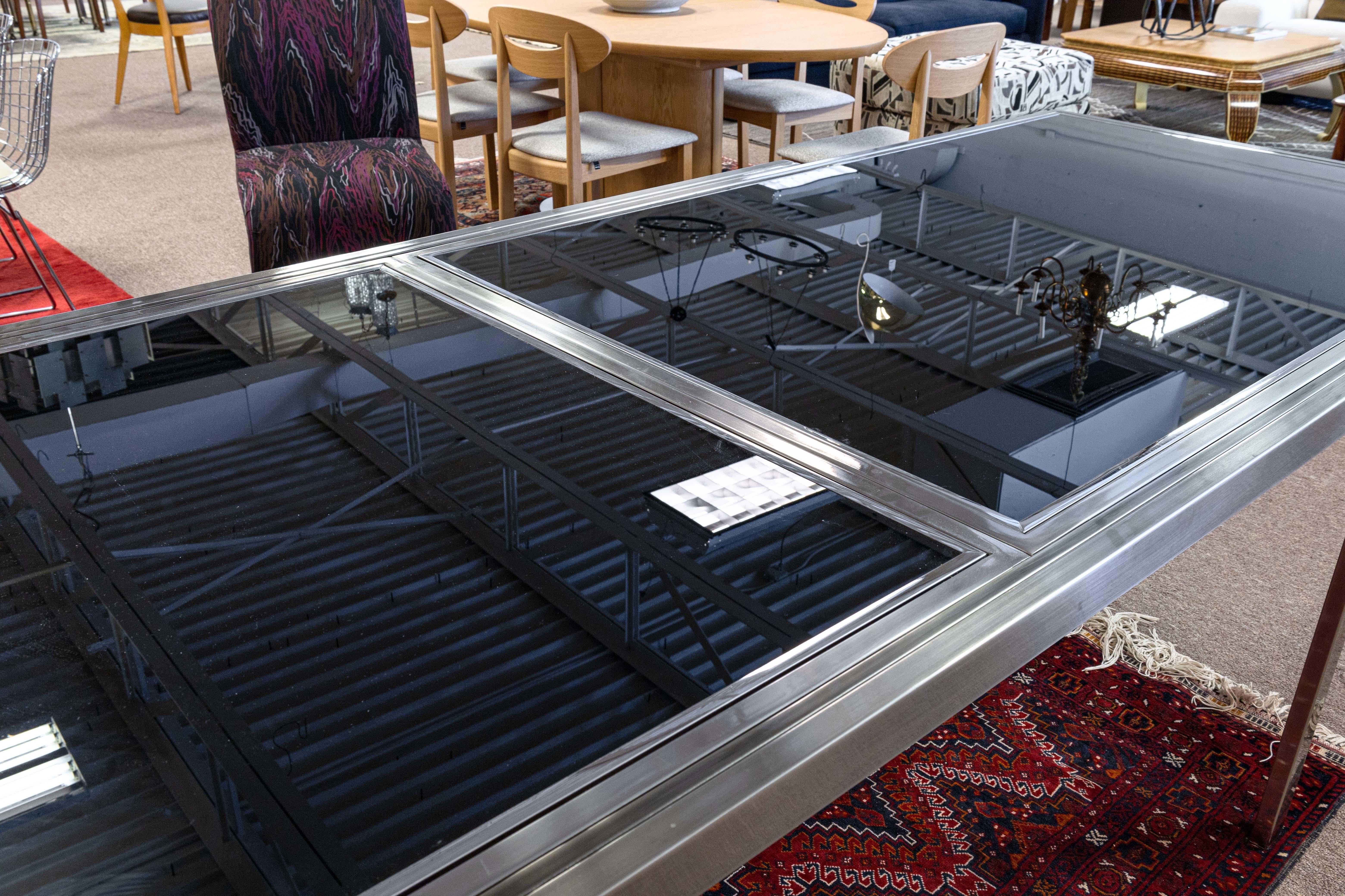 Milo Baughman Contemporary Modern Chrome and Smoked Glass Expanding Dining Table 2