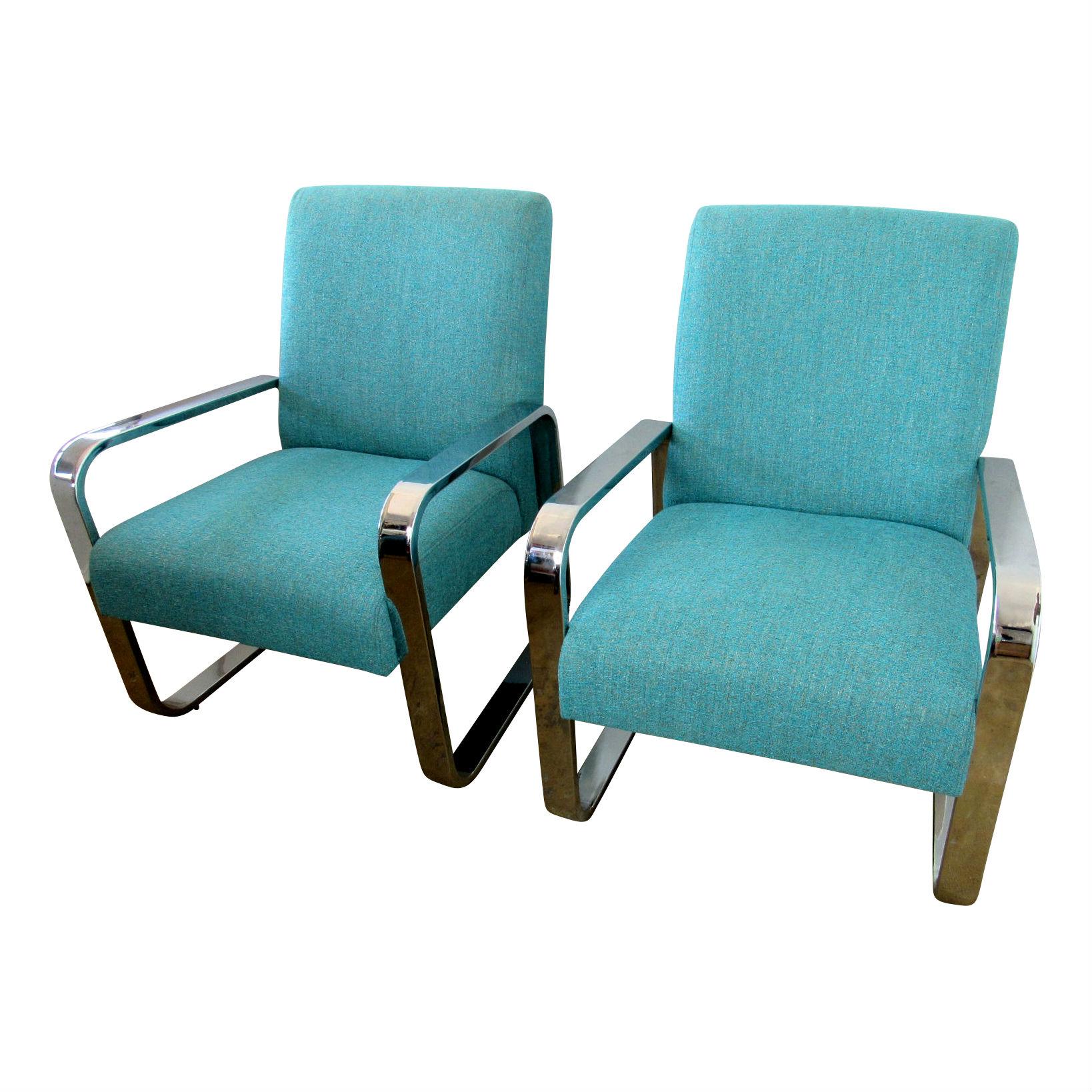 Modern Milo Baughman Cornflower Blue Lounge Chairs