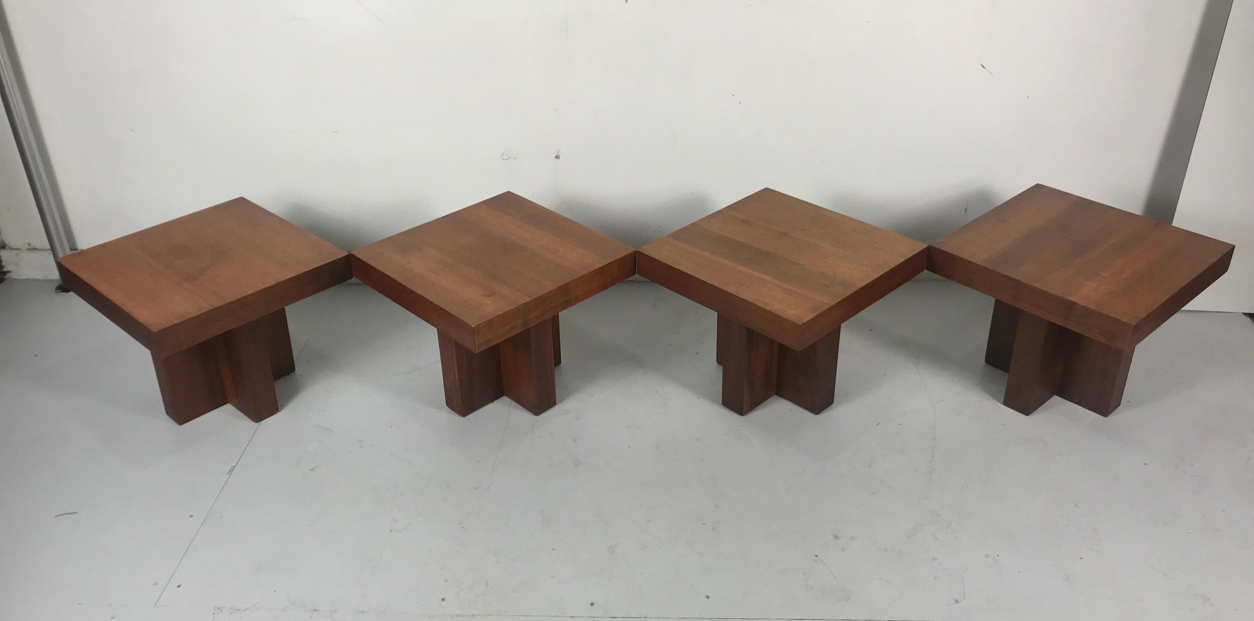 Walnut Milo Baughman Style 'Cruciform' End Tables, Architectural Modernist Design