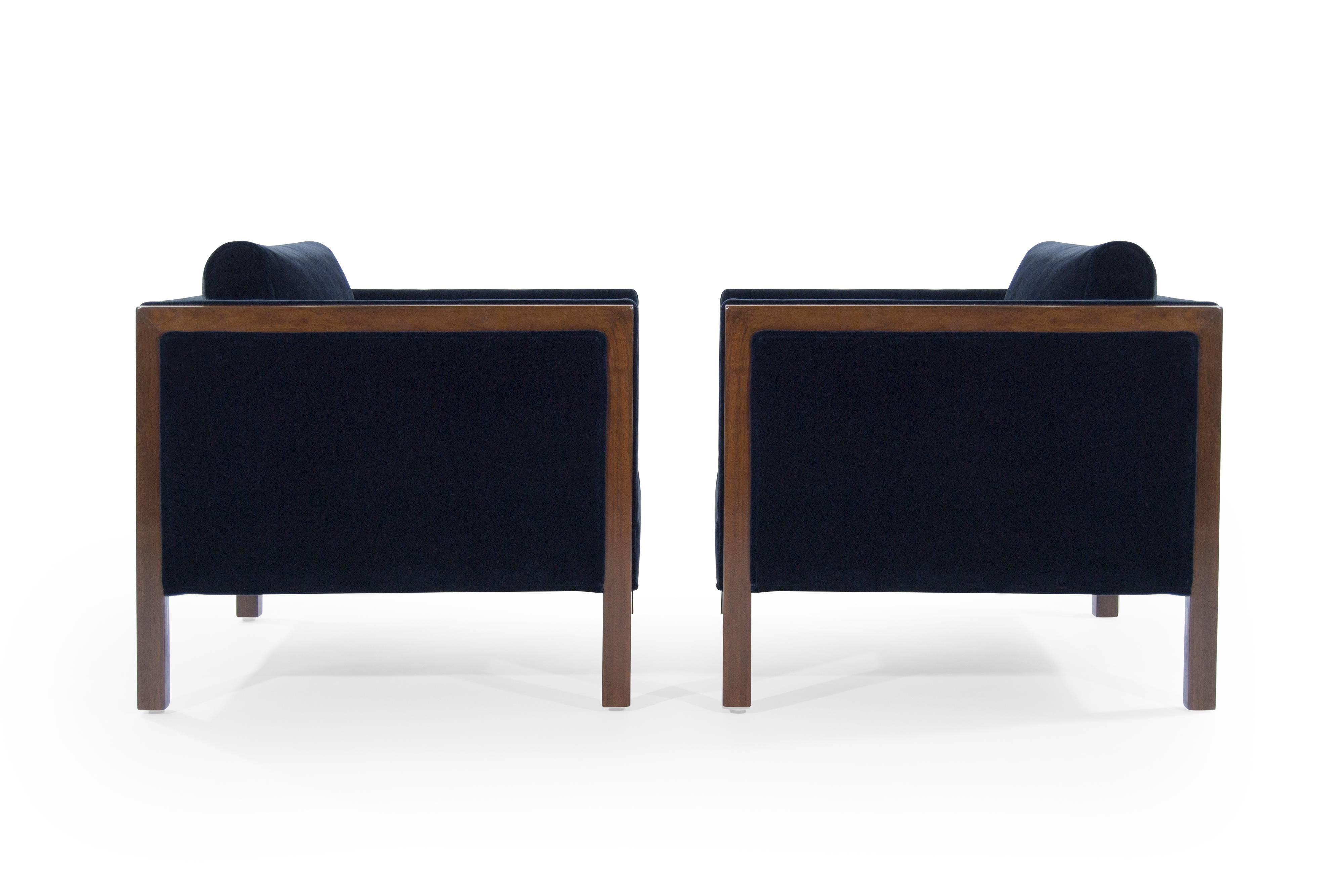 A beautiful and very comfortable set of low profile lounge chairs designed by Milo Baughman for Thayer Coggin, circa 1960s. 

Newly upholstered in midnight blue mohair by Donghia. Walnut frames fully restored.