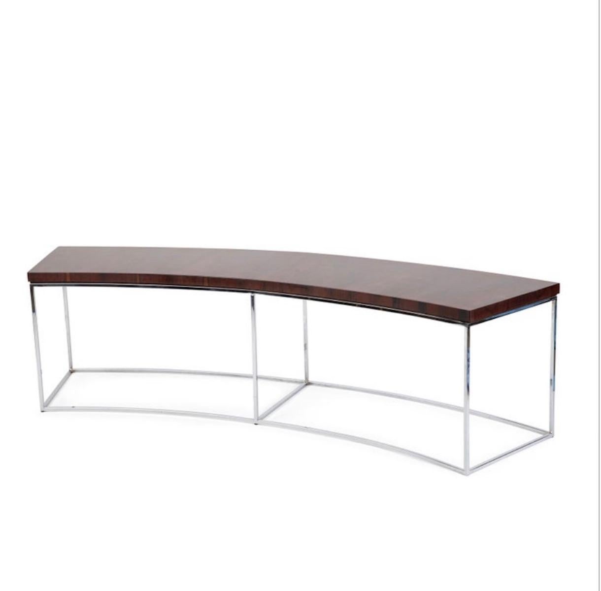  Brazilian rosewood and chrome Milo Baughman for Thayer Coggin sofa table circa late 1960s. This example has an incredibly grained rosewood top and mirror polished chrome base. It has been newly finished. 