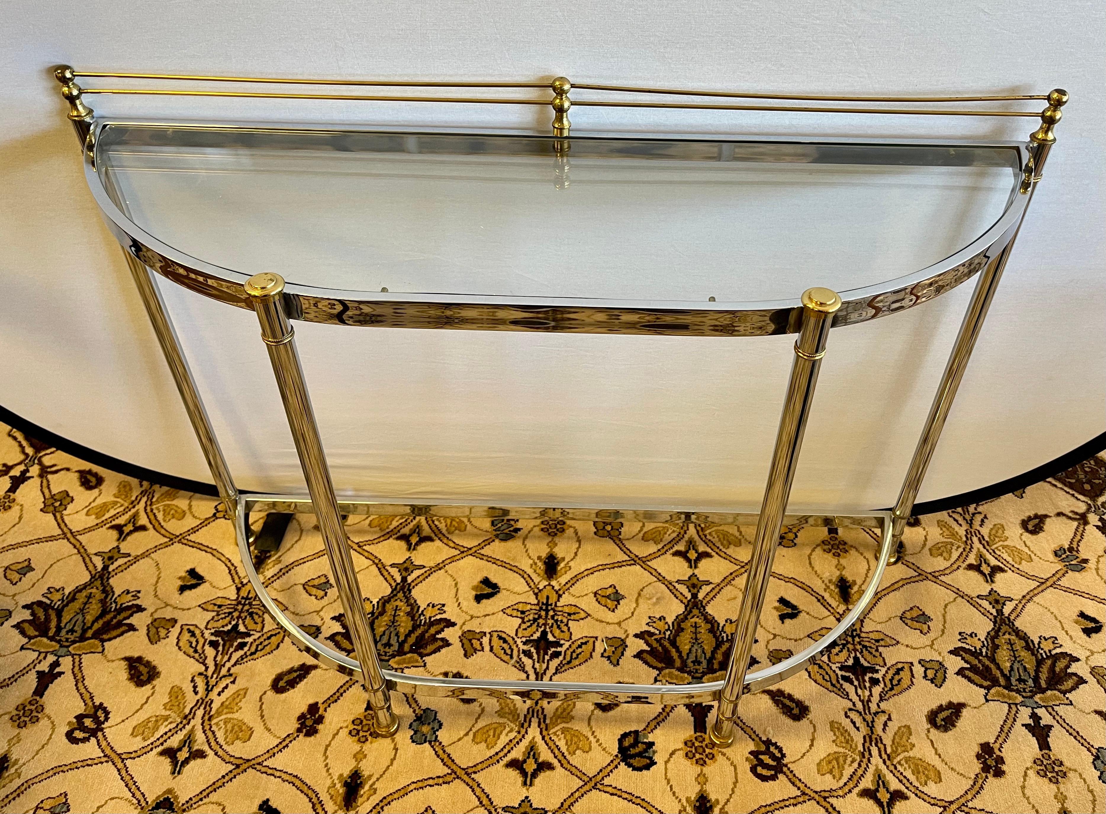 American Milo Baughman Demi-lune Demilune Console Table Glass Chrome & Brass
