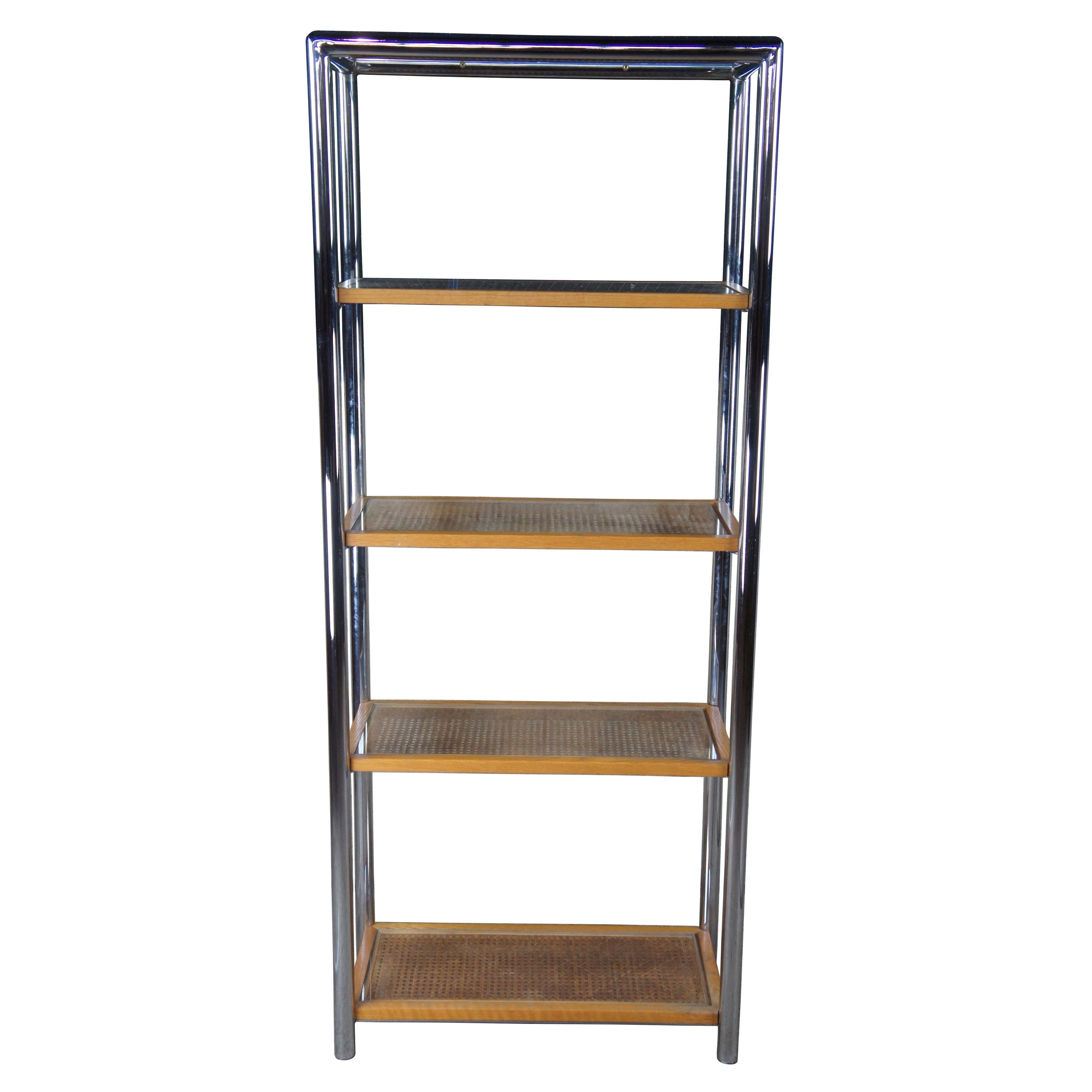 Milo Baughman Design Institute Tubular Chrome Caned Etagere Bookshelf Display