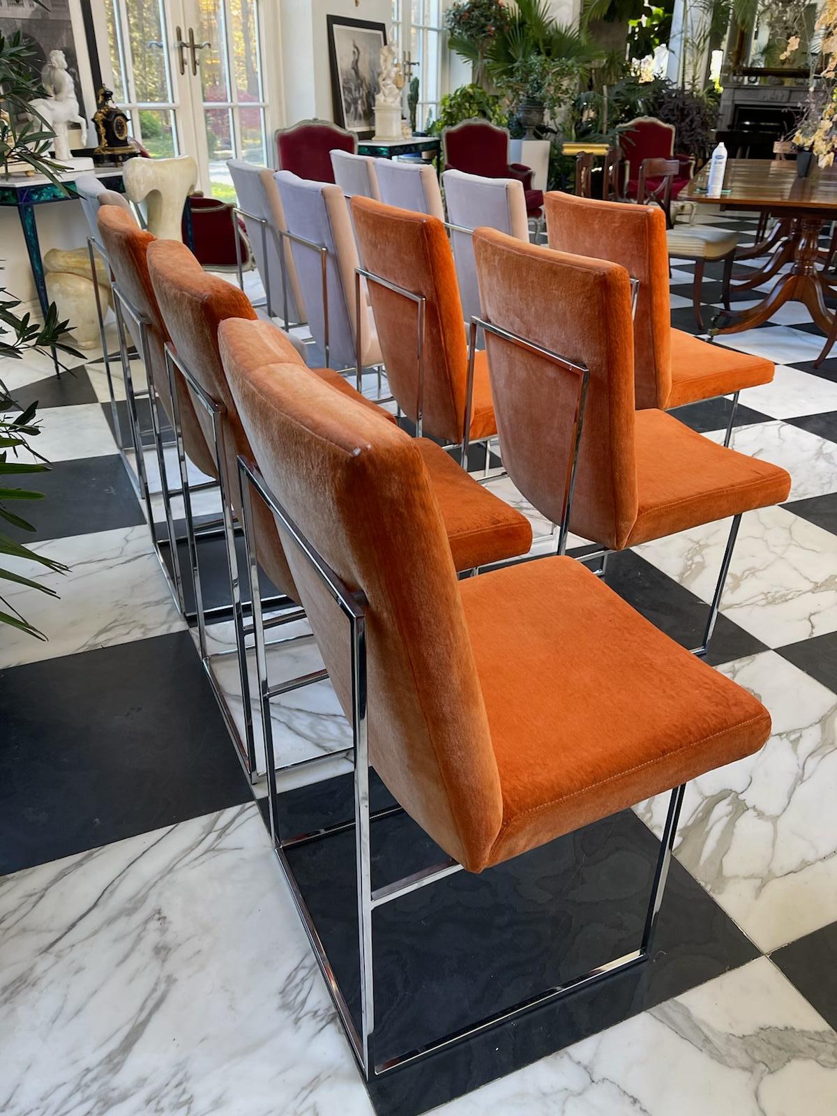 A matched set of Milo Baughman dining chairs, made for Thayer Coggin, 
Made ca 1970 they retain their original mandarin orange cotton velvet upholstery for the one set and the second set a light beige fabric most likely reupholstered at some point