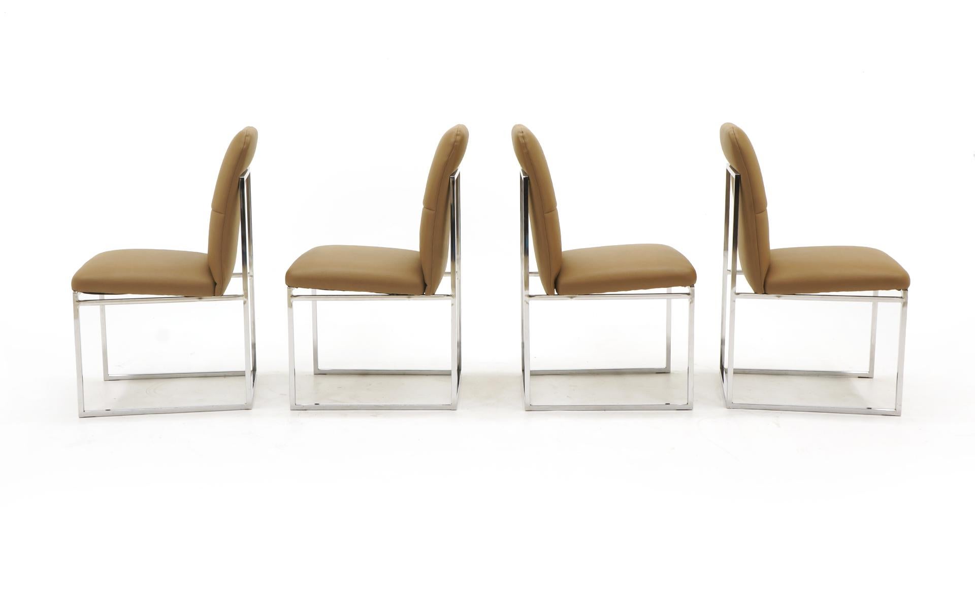 American Milo Baughman Dining Chairs, Set of Four, Chrome and Tan Leather