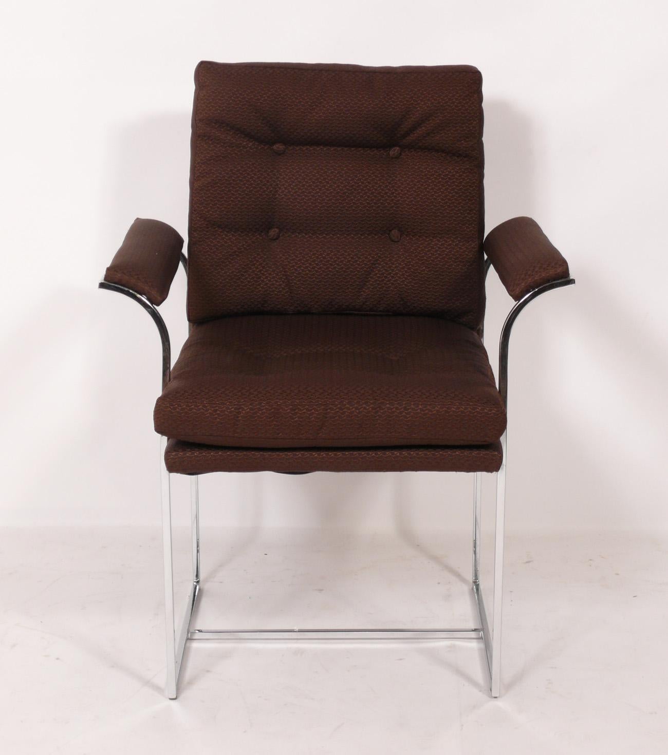 Set of six mid century chrome dining chairs in the style of Milo Baughman, American, circa 1960s. These chairs are currently being reupholstered and can be completed in your fabric. Simply send us 15 yards of your fabric after purchase. The price