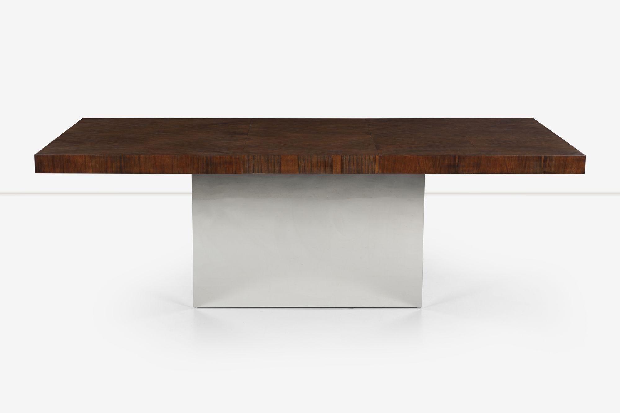 Milo Baughman for Thayer Coggin, dining table with exotic ash diamond patterned book-matched veneer and chrome-plated pedestal base. Table has one 22? leaf.Fully extended 88