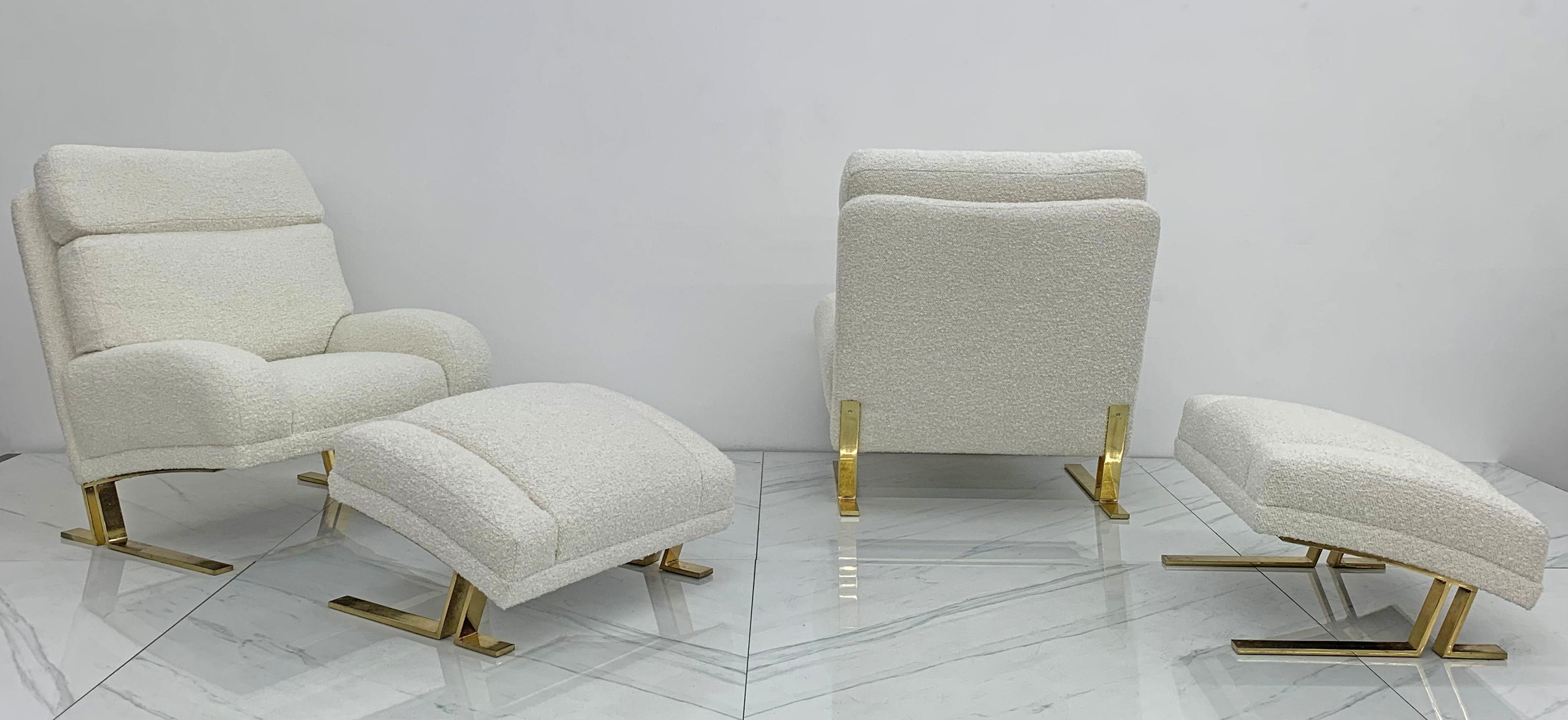 Directional Furniture Brass and Boucle Lounge Chairs and Ottomans 1