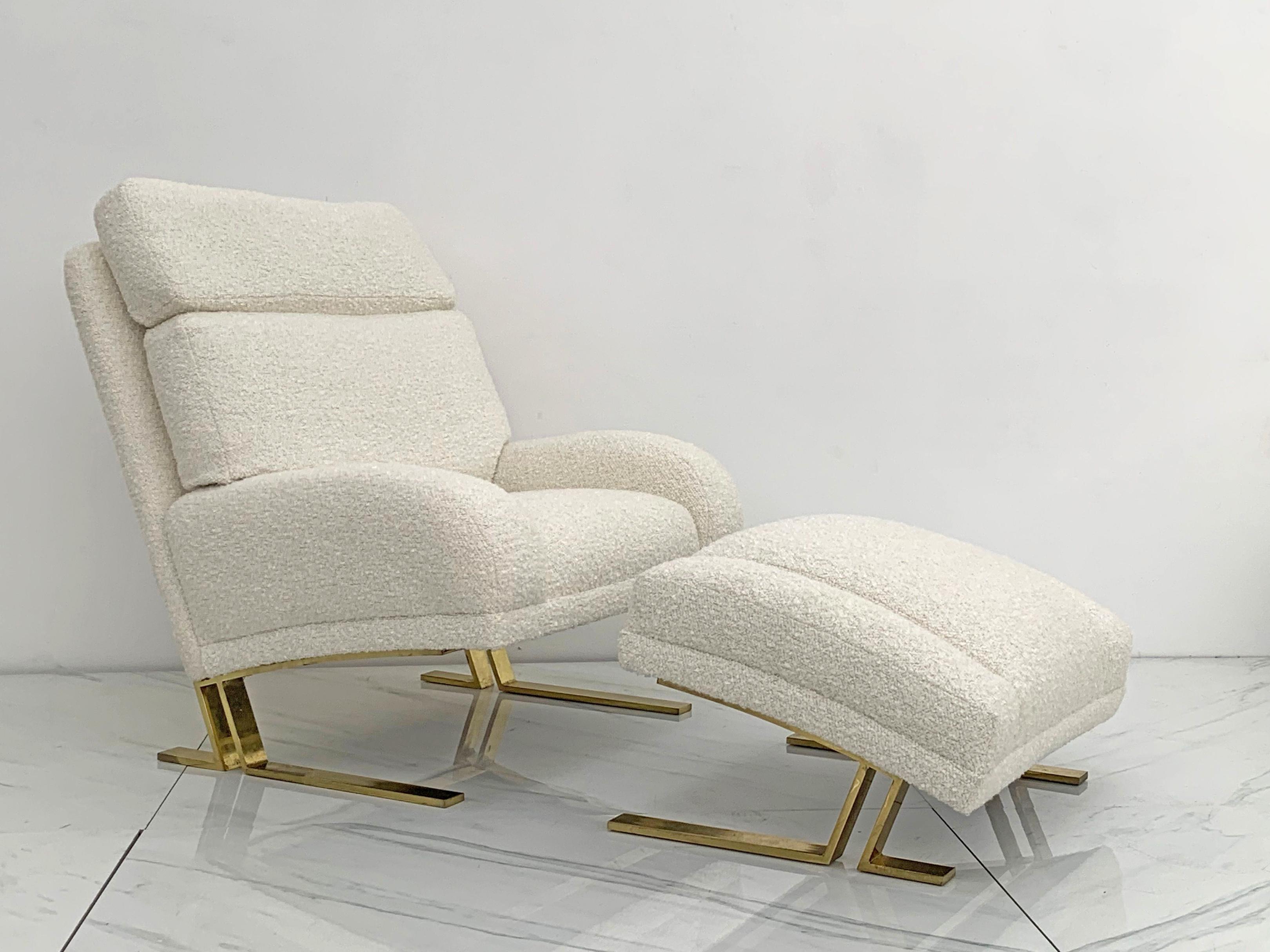 Directional Furniture Brass and Boucle Lounge Chairs and Ottomans 2