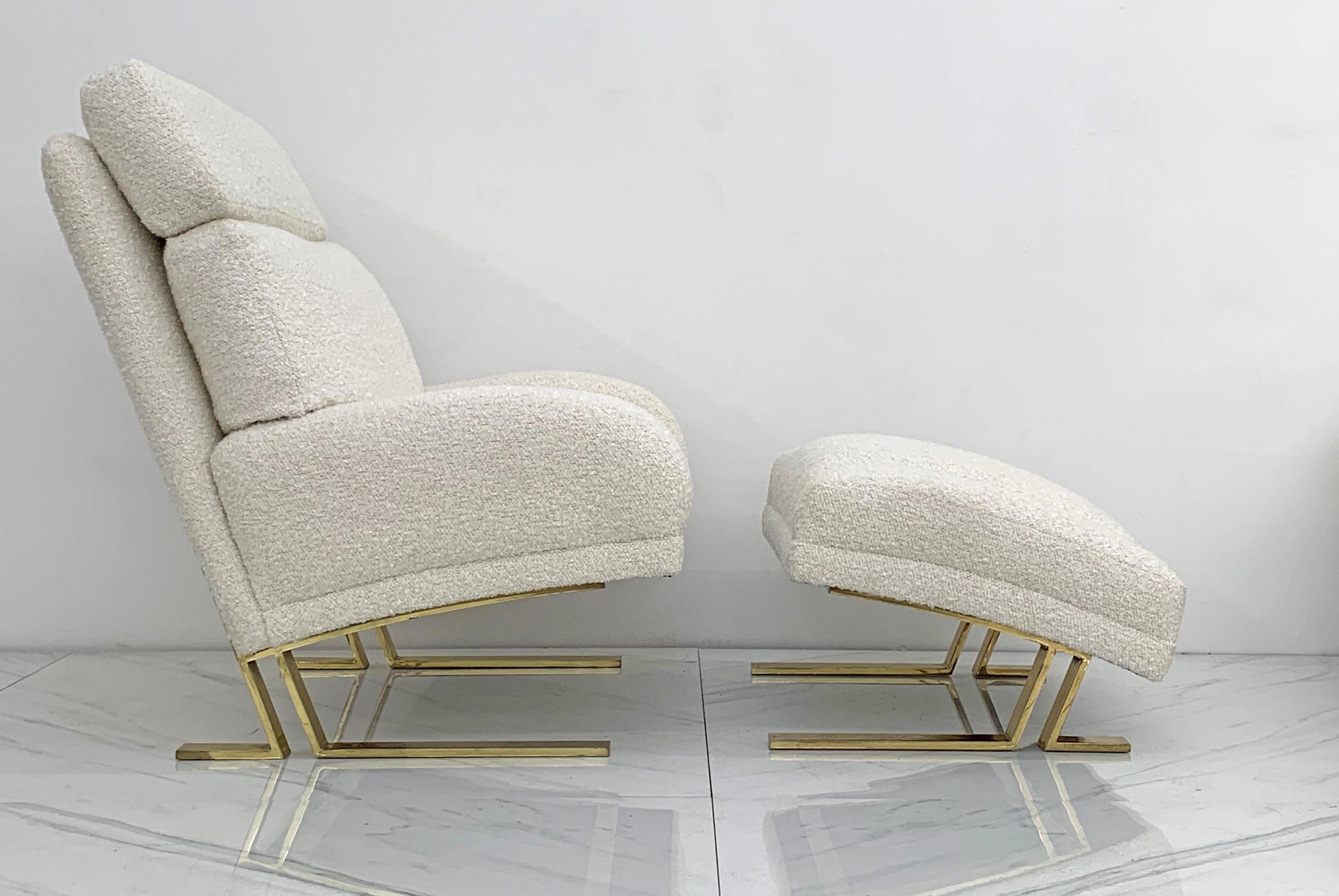 Directional Furniture Brass and Boucle Lounge Chairs and Ottomans 3