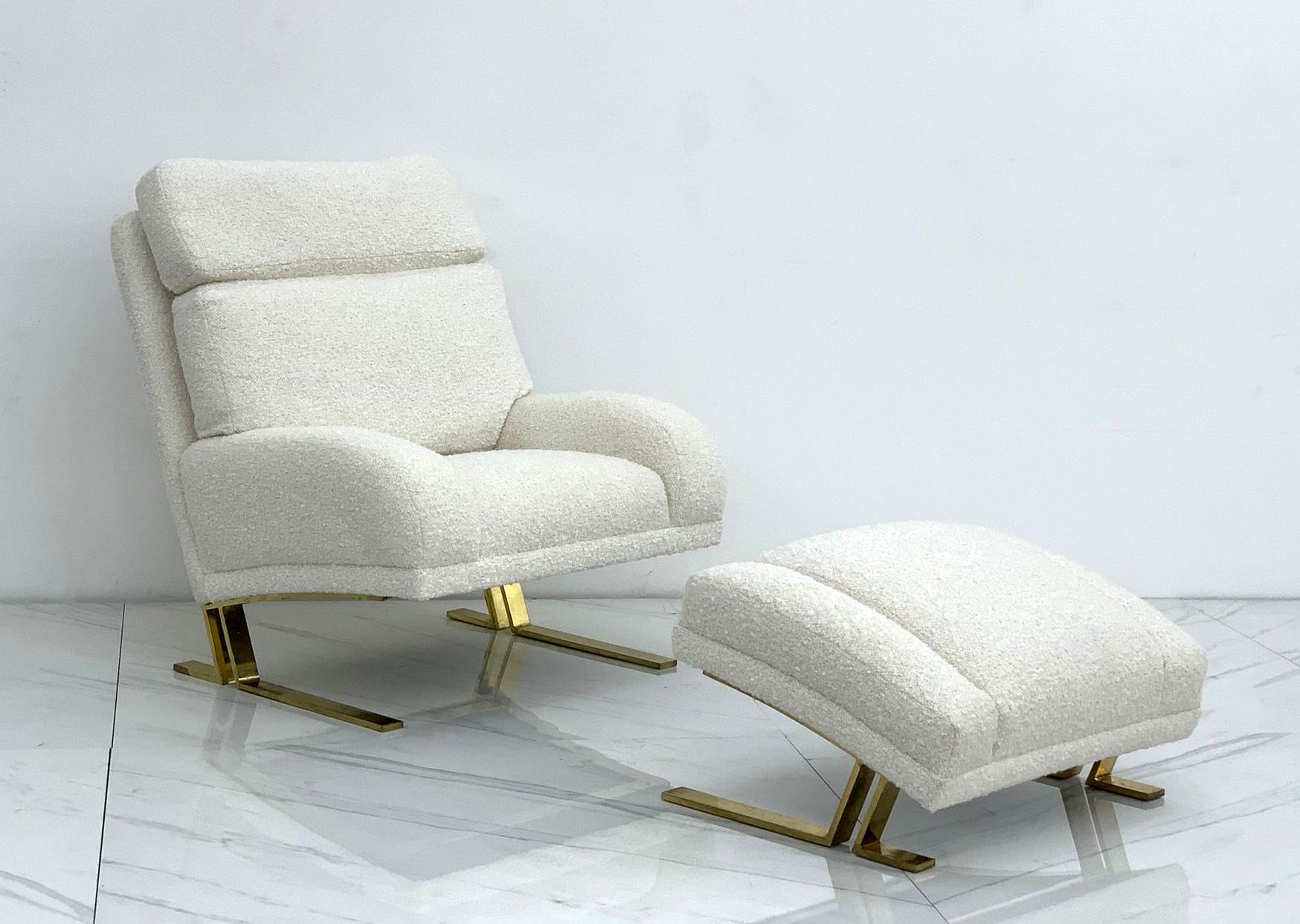 Mid-Century Modern Directional Furniture Brass and Boucle Lounge Chairs and Ottomans