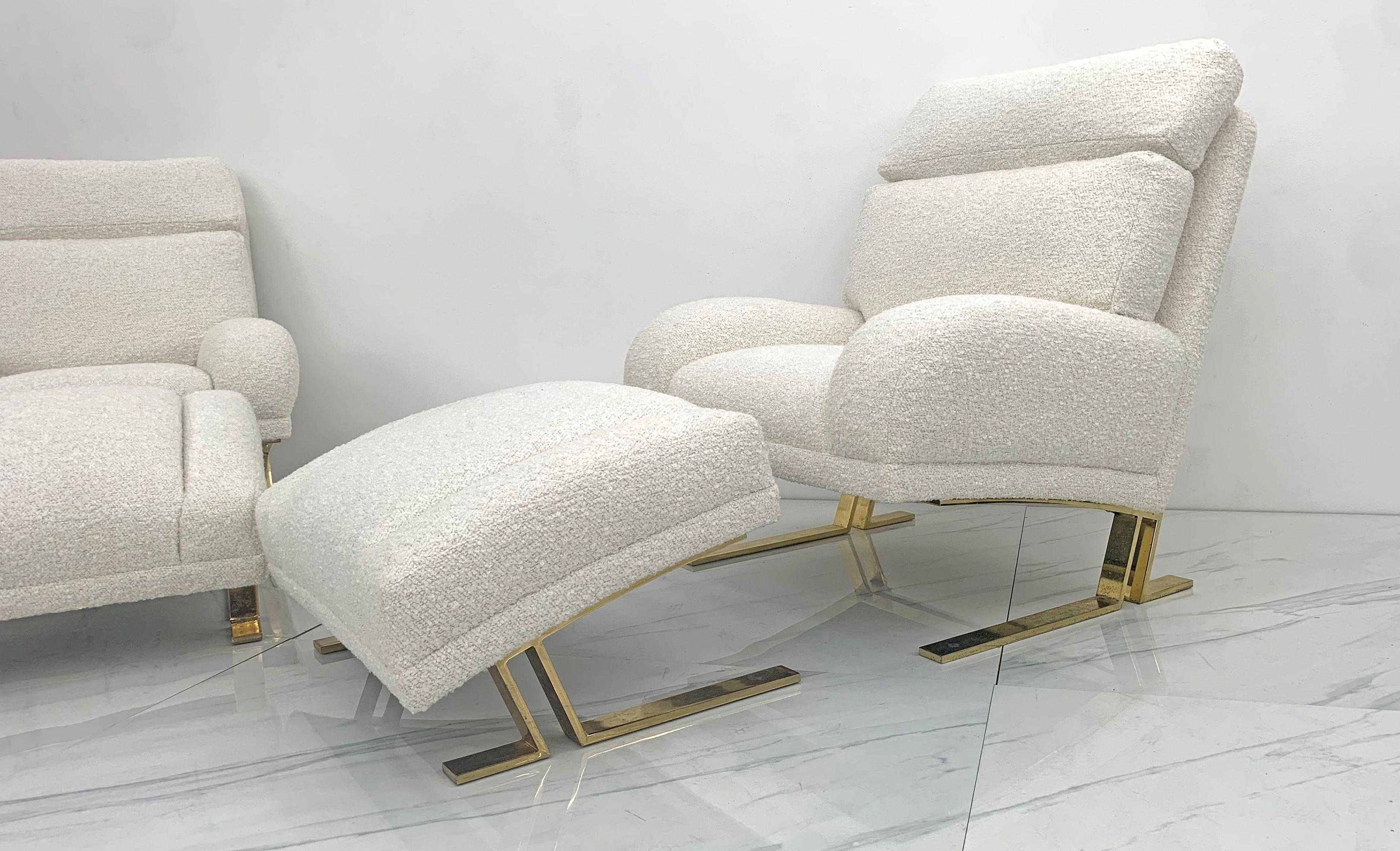 Polished Directional Furniture Brass and Boucle Lounge Chairs and Ottomans