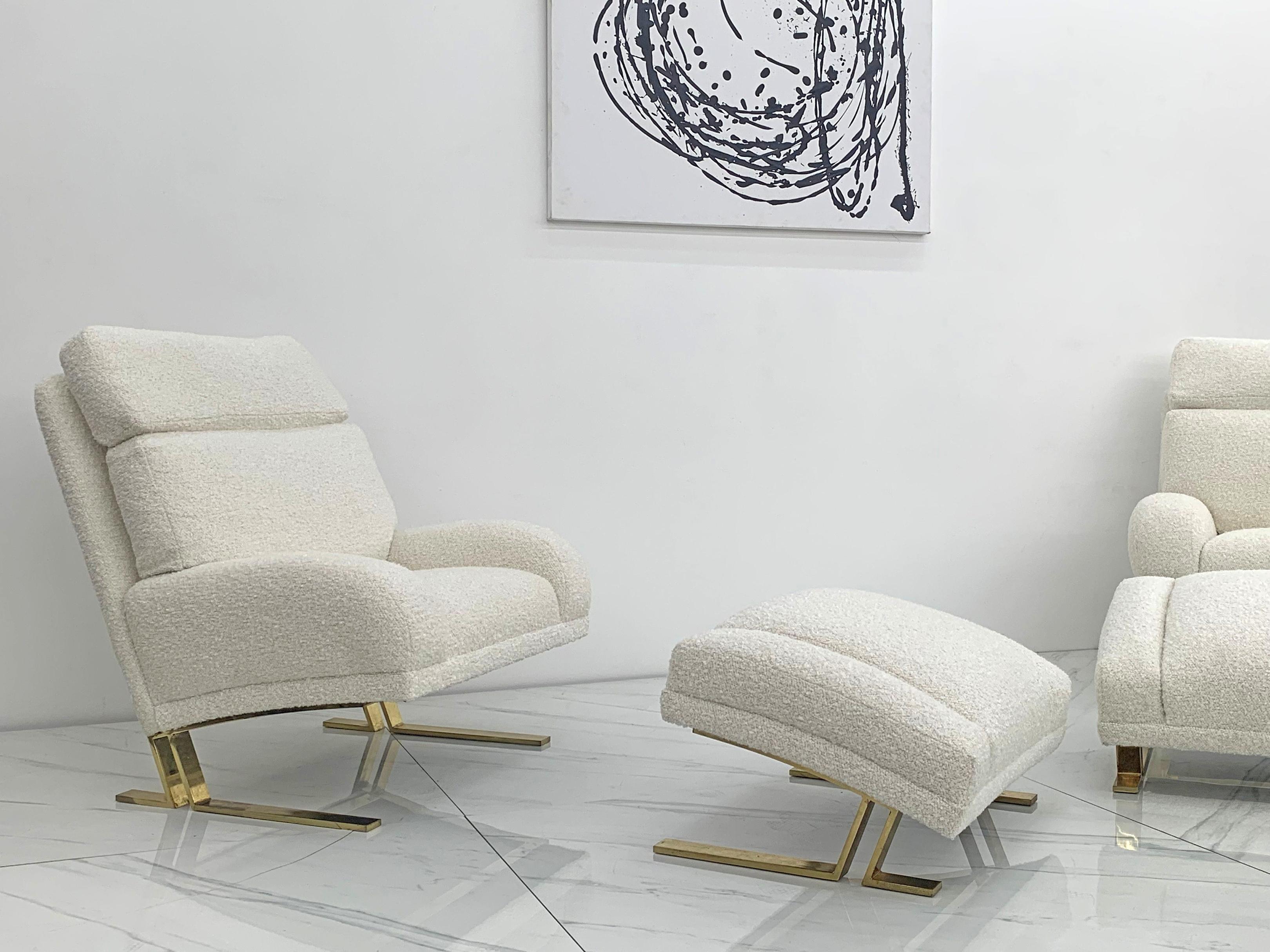 Late 20th Century Directional Furniture Brass and Boucle Lounge Chairs and Ottomans