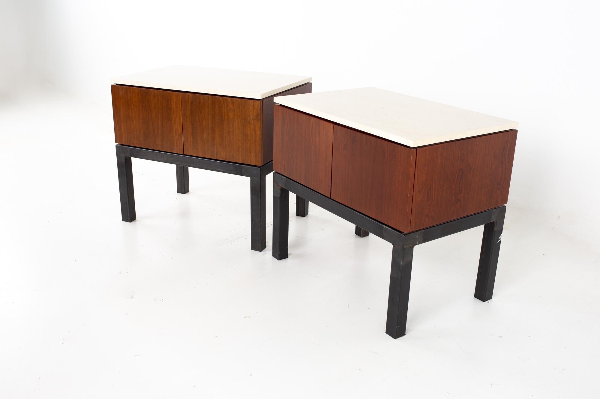 Milo Baughman for Directional style mid century walnut and travertine marble nightstands, a pair
Nightstand measures: 30.25 wide x 20.25 deep x 27.25 inches high

All pieces of furniture can be had in what we call restored vintage condition. That