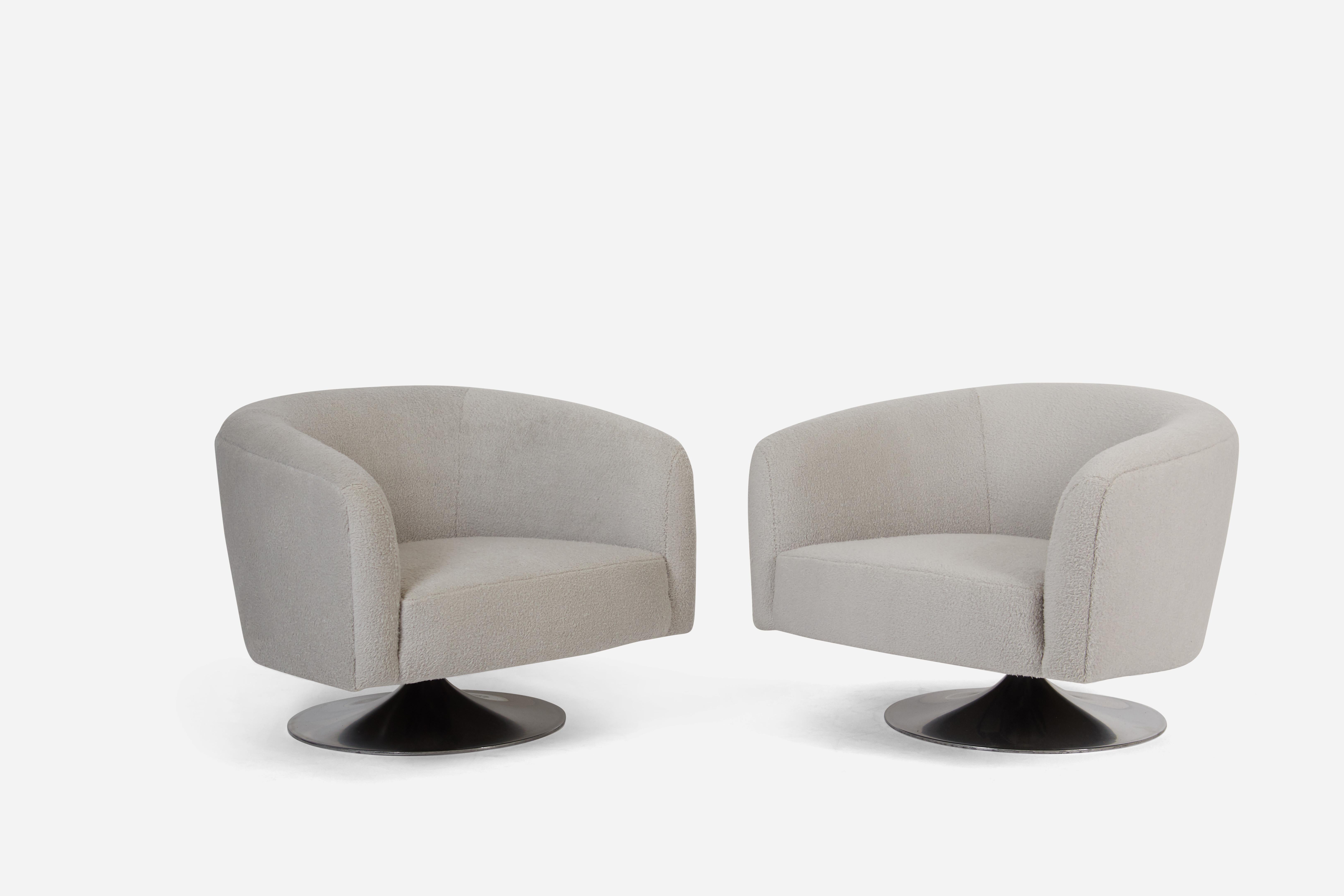 Pair of tulip/disc base swivel chairs by Milo Baughman. Fully restored and reupholstered in plush grey fabric.