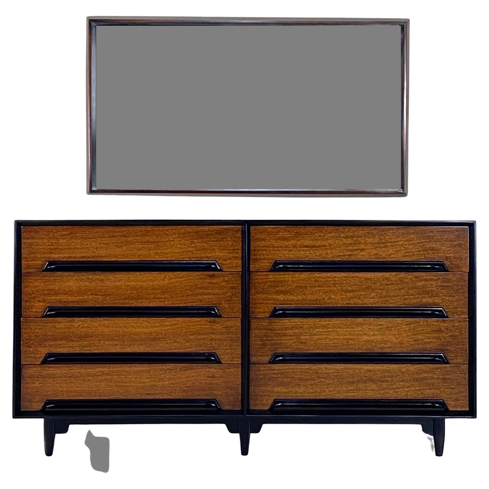 Rare dresser with matching mirror by Milo Baughman for Drexel Perspective in Mindoro Wood 1952. The mirror of the series almost never seen, measures 49 3/4