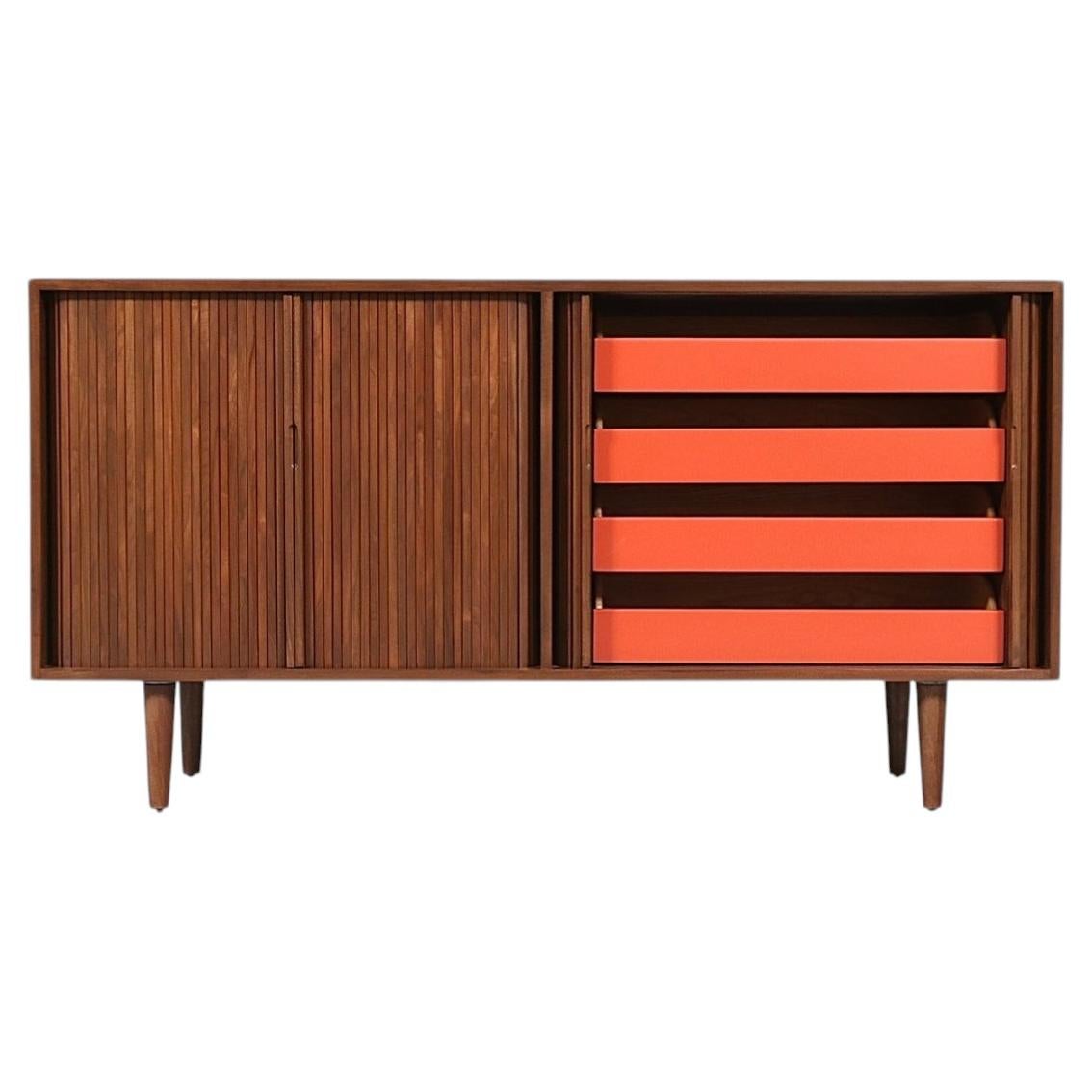 Milo Baughman Double-Tambour Door Credenza w/ Lacquered Drawers for Glenn of CA