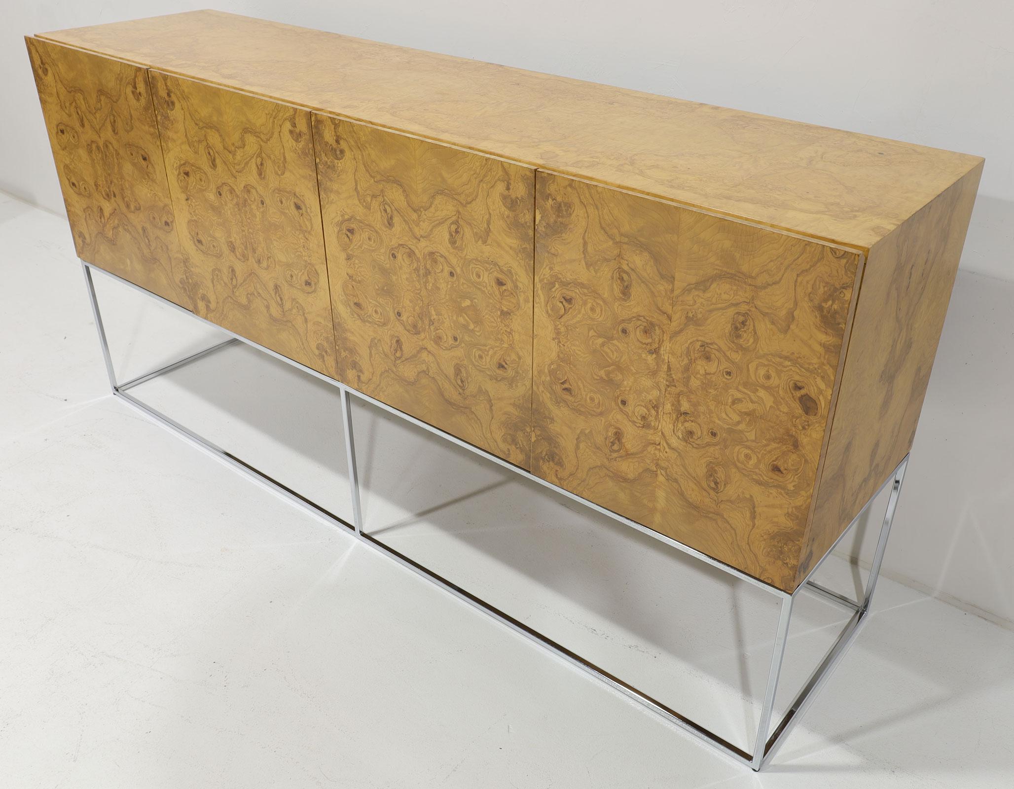 Milo Baughman Dramatic Burled Olivewood Sideboard on Chrome Base In Good Condition For Sale In Dallas, TX