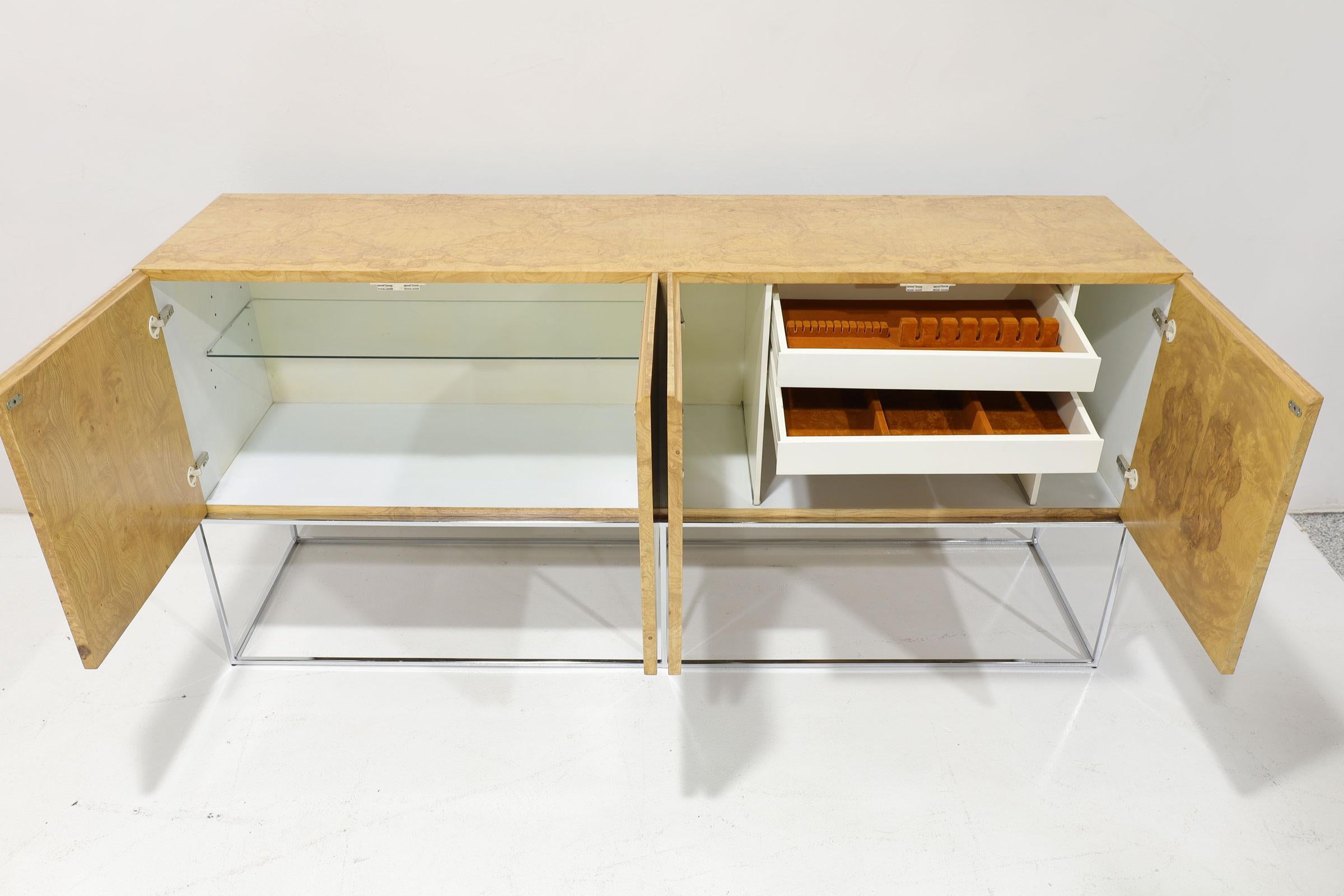 20th Century Milo Baughman Dramatic Burled Olivewood Sideboard on Chrome Base For Sale