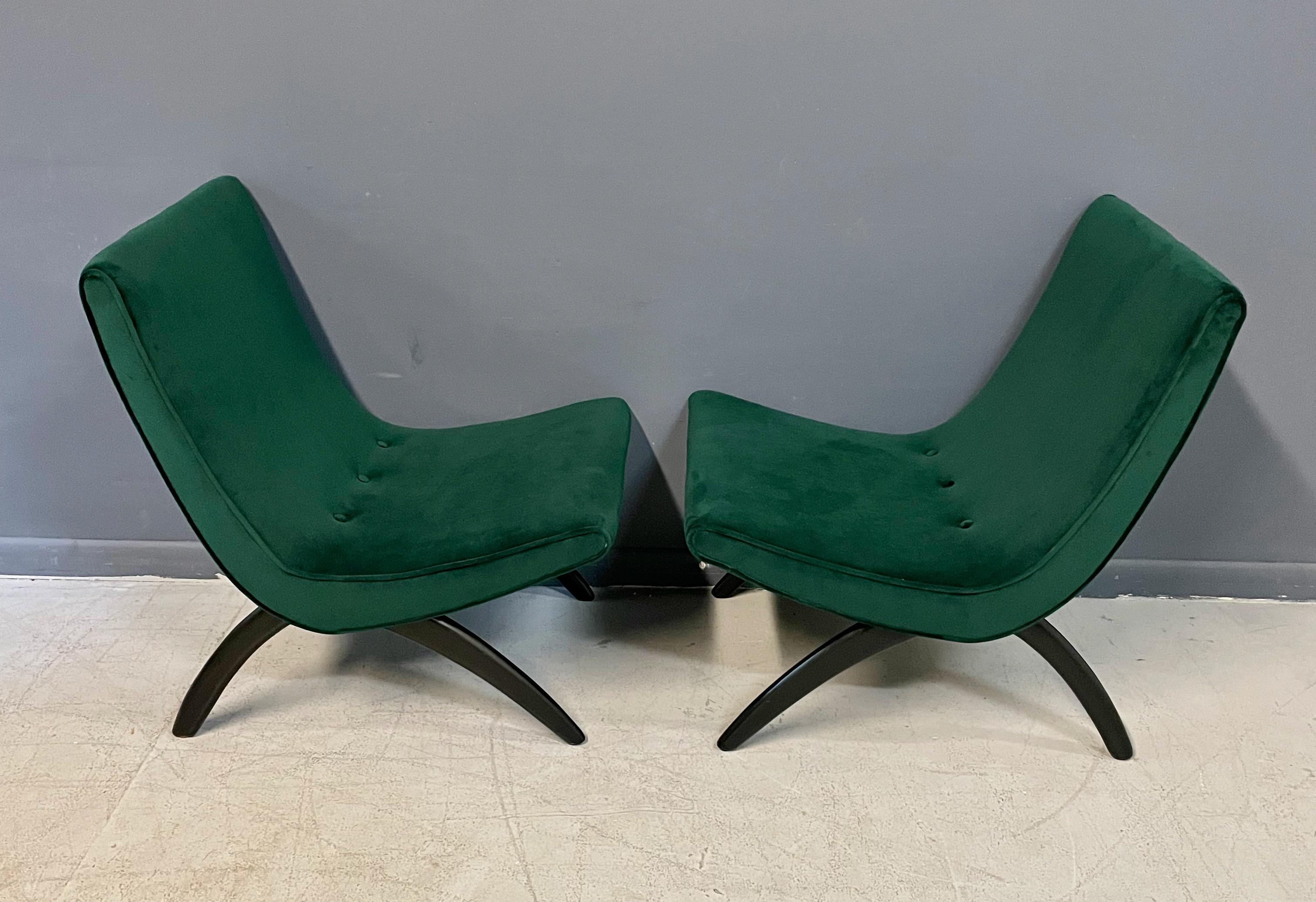 Early Pair of Scoop Chairs Ebonized Legs,  Velvet Upholstery Milo Baughman Style 4
