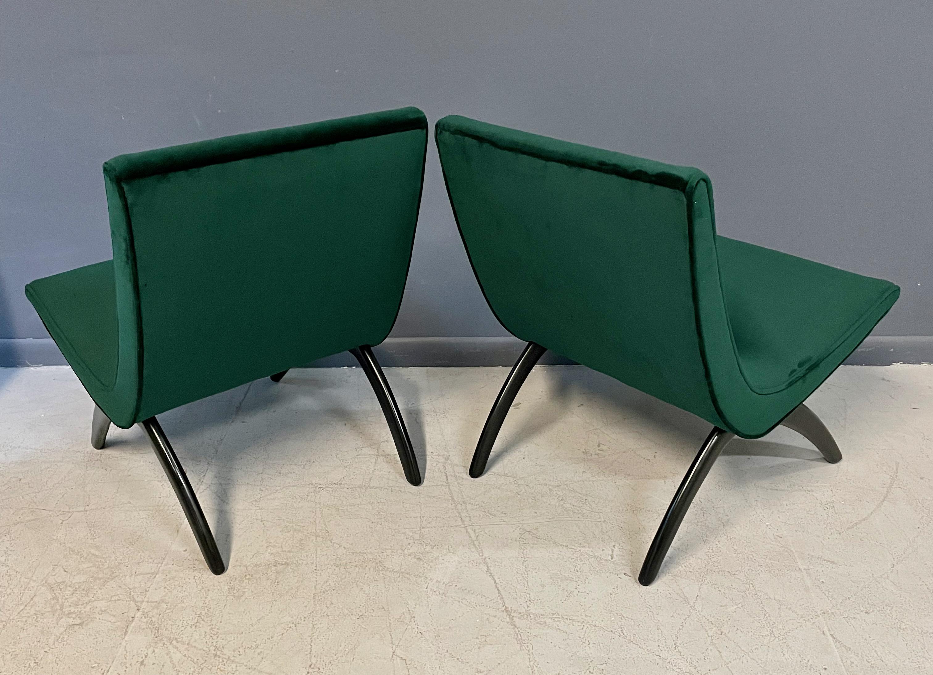 Early Pair of Scoop Chairs Ebonized Legs,  Velvet Upholstery Milo Baughman Style 5