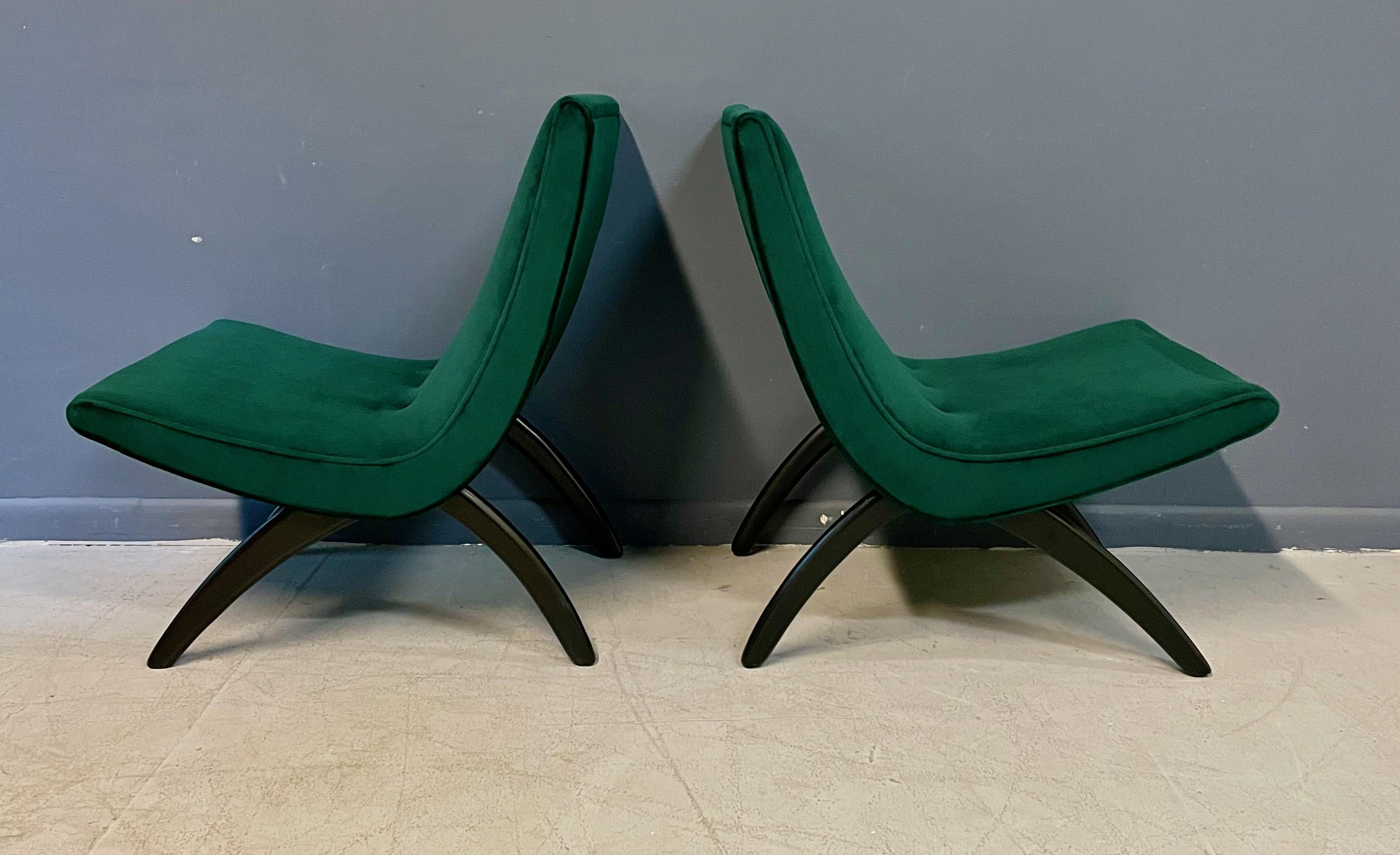 Early Pair of Scoop Chairs Ebonized Legs,  Velvet Upholstery Milo Baughman Style 6