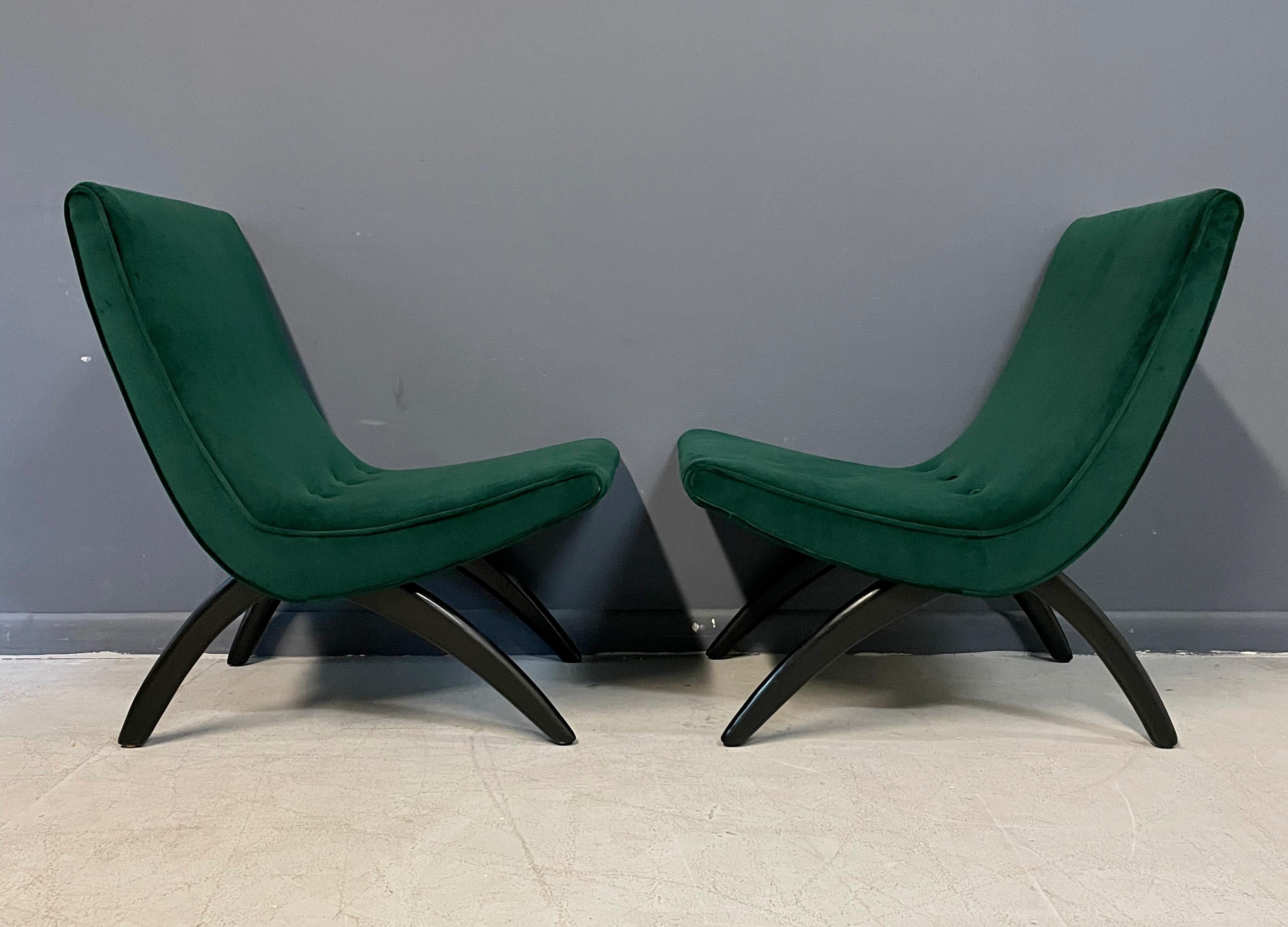 Mid-Century Modern Early Pair of Scoop Chairs Ebonized Legs,  Velvet Upholstery Milo Baughman Style