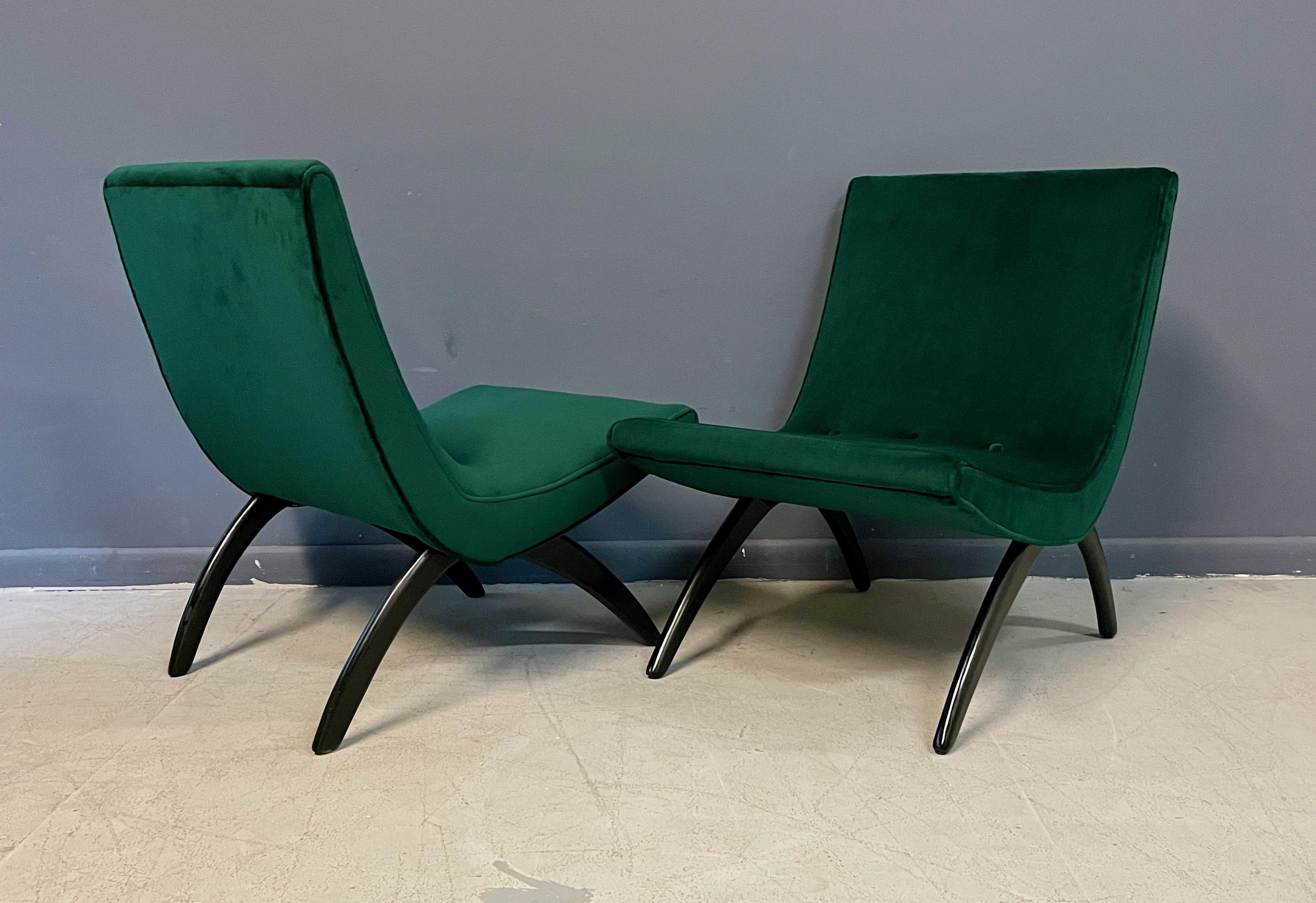 North American Early Pair of Scoop Chairs Ebonized Legs,  Velvet Upholstery Milo Baughman Style