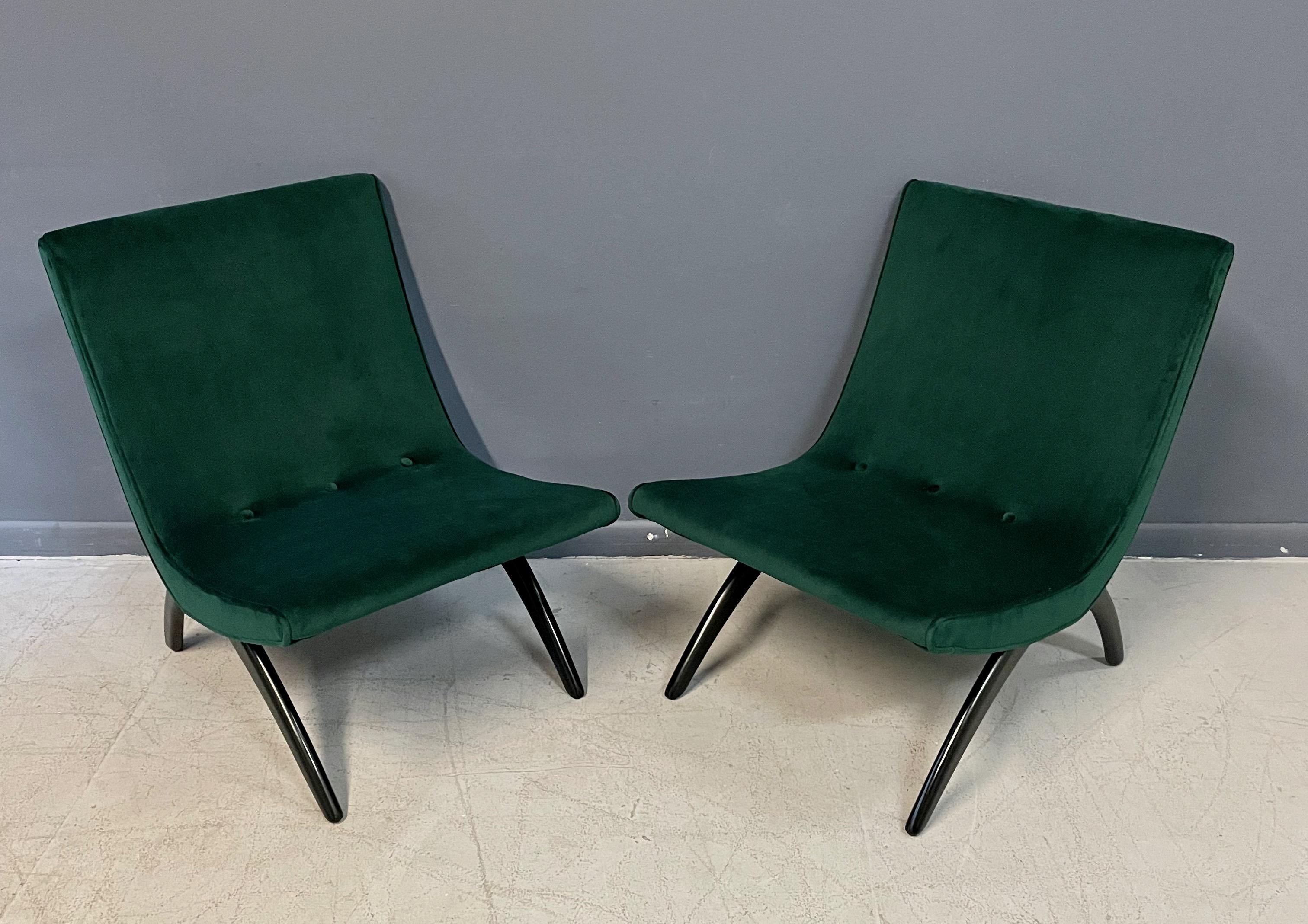Early Pair of Scoop Chairs Ebonized Legs,  Velvet Upholstery Milo Baughman Style In Good Condition In Philadelphia, PA