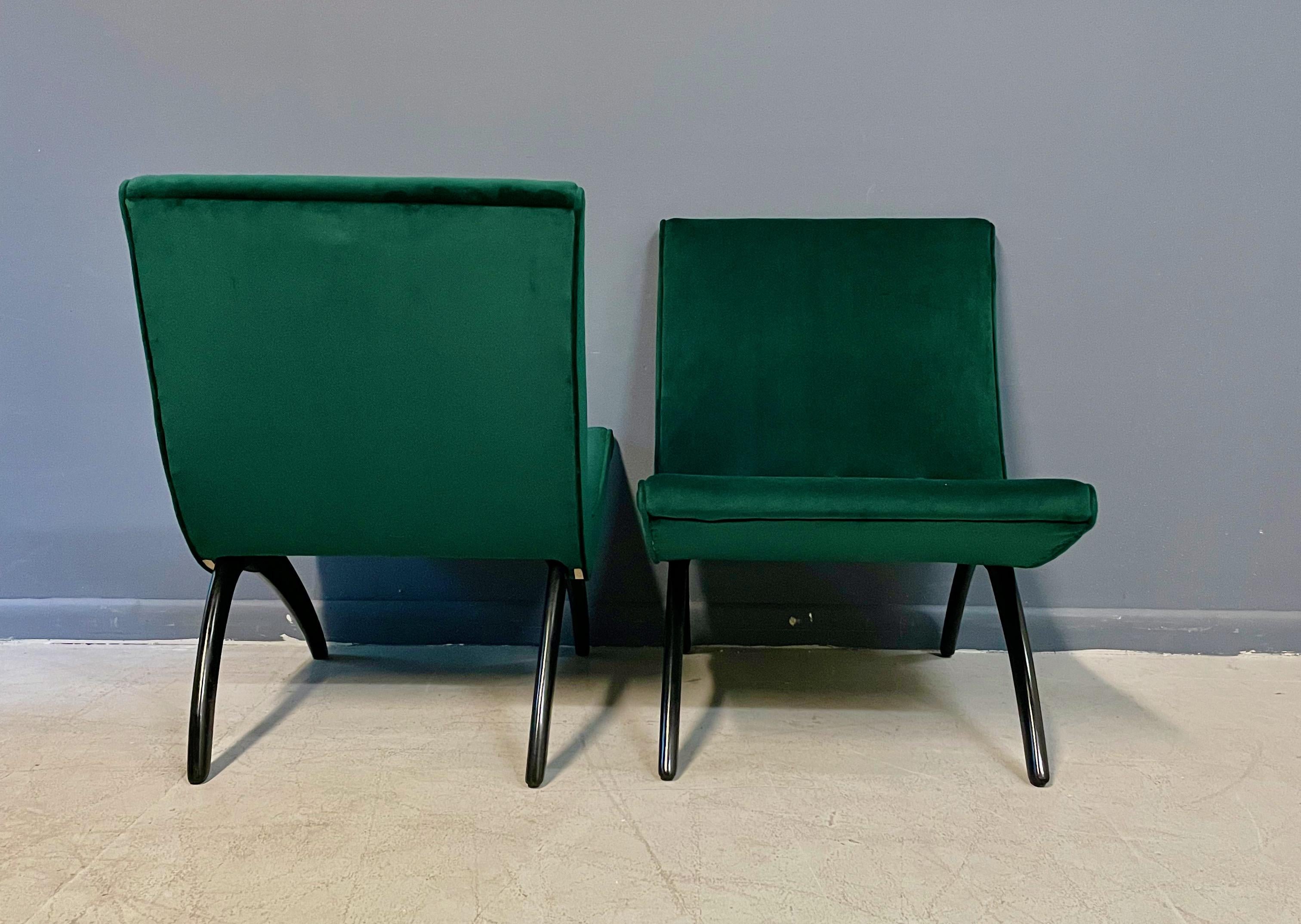 20th Century Early Pair of Scoop Chairs Ebonized Legs,  Velvet Upholstery Milo Baughman Style