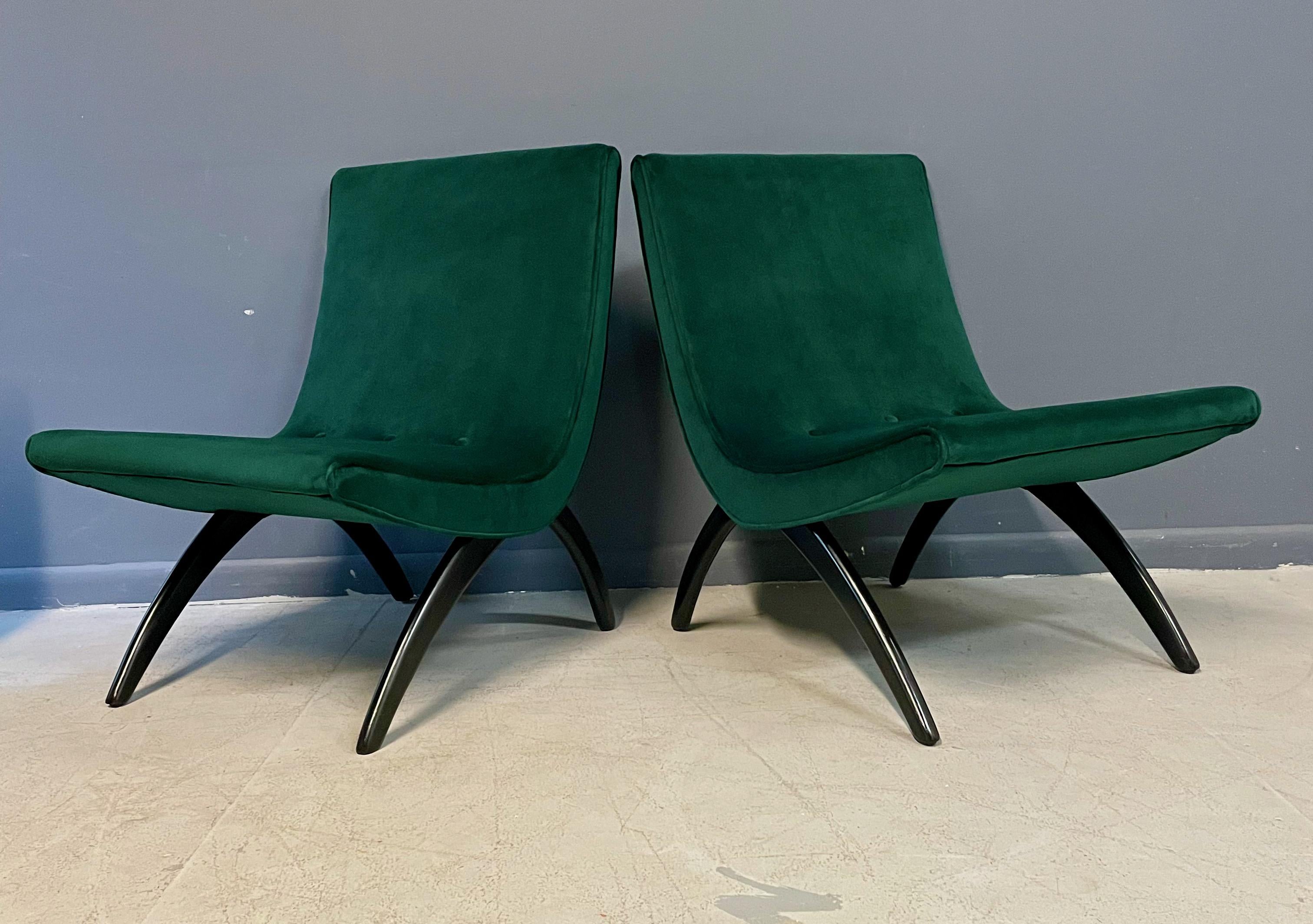 Early Pair of Scoop Chairs Ebonized Legs,  Velvet Upholstery Milo Baughman Style 1