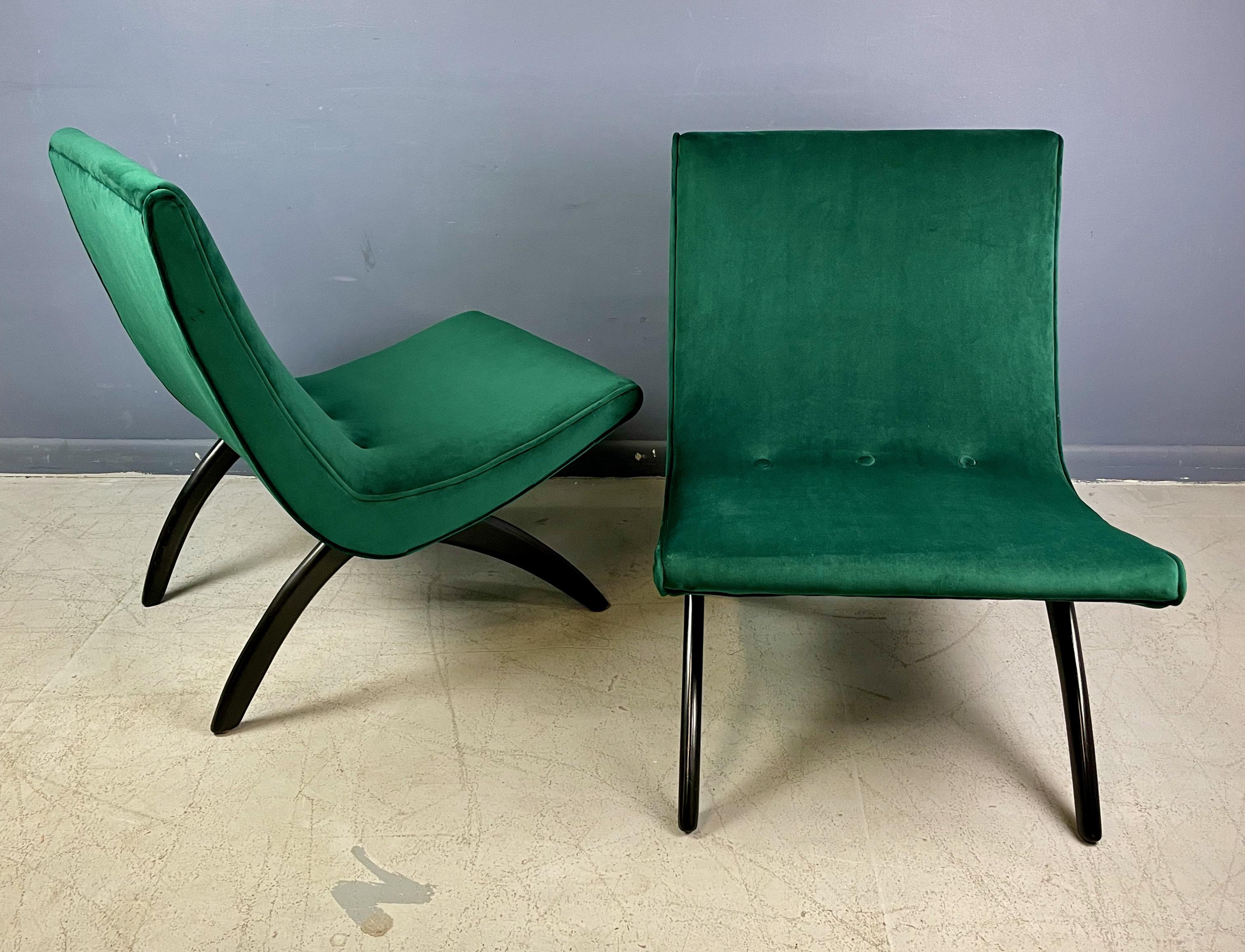 Early Pair of Scoop Chairs Ebonized Legs,  Velvet Upholstery Milo Baughman Style 3