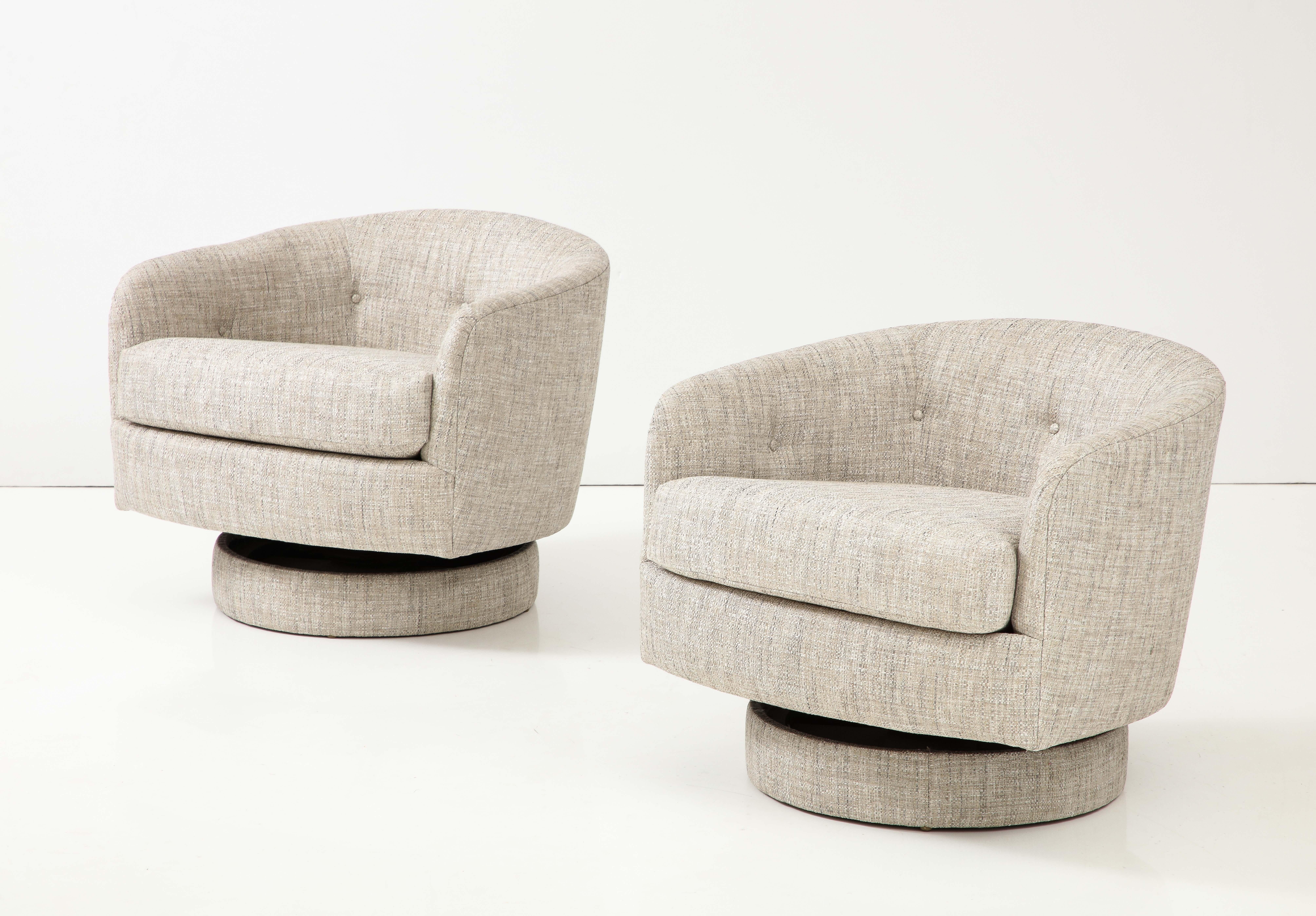 Mid-Century Modern Milo Baughman Ecru Silk Tilt/Swivel Club Chairs, labeled