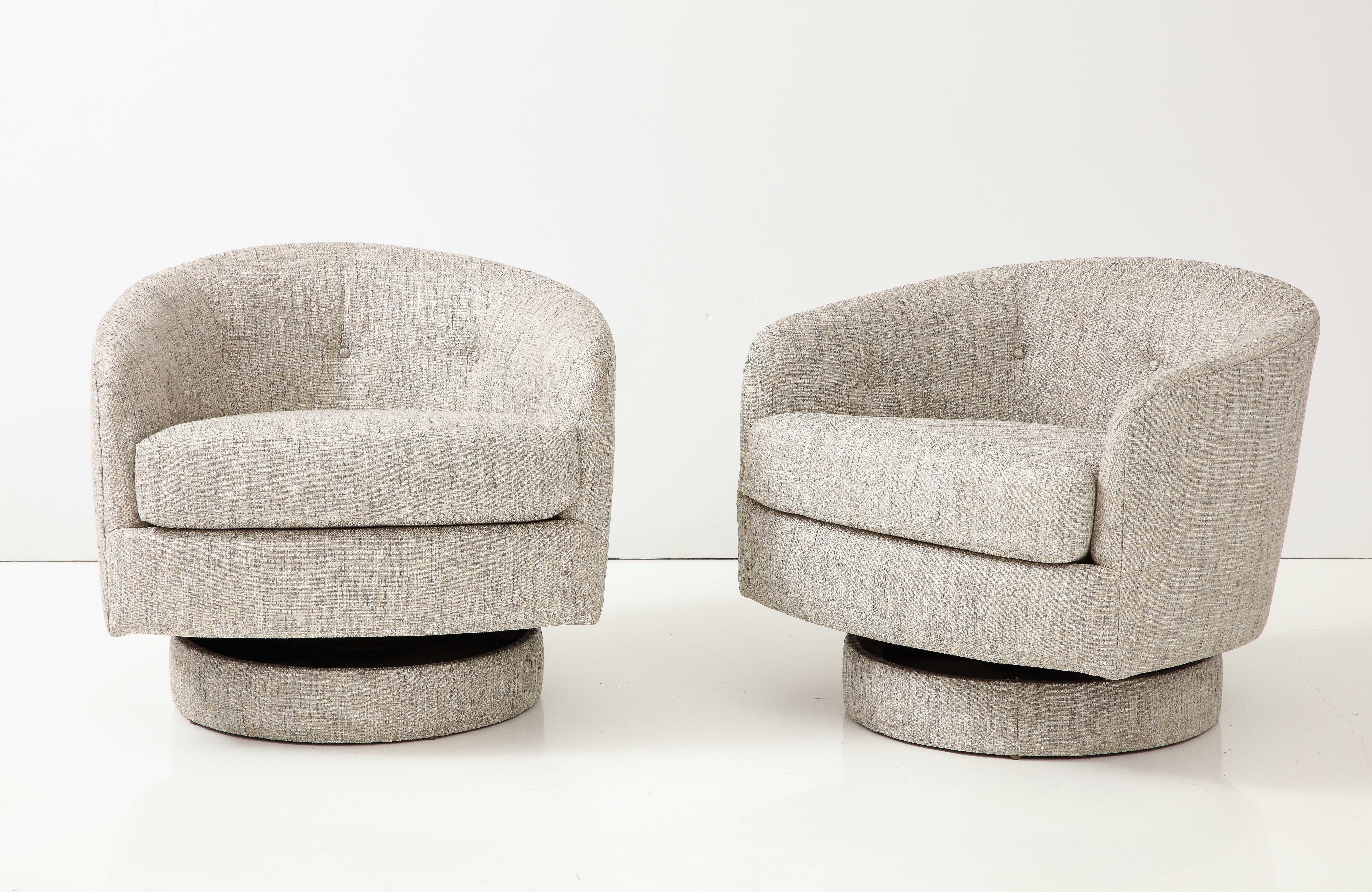 American Milo Baughman Ecru Silk Tilt/Swivel Club Chairs, labeled