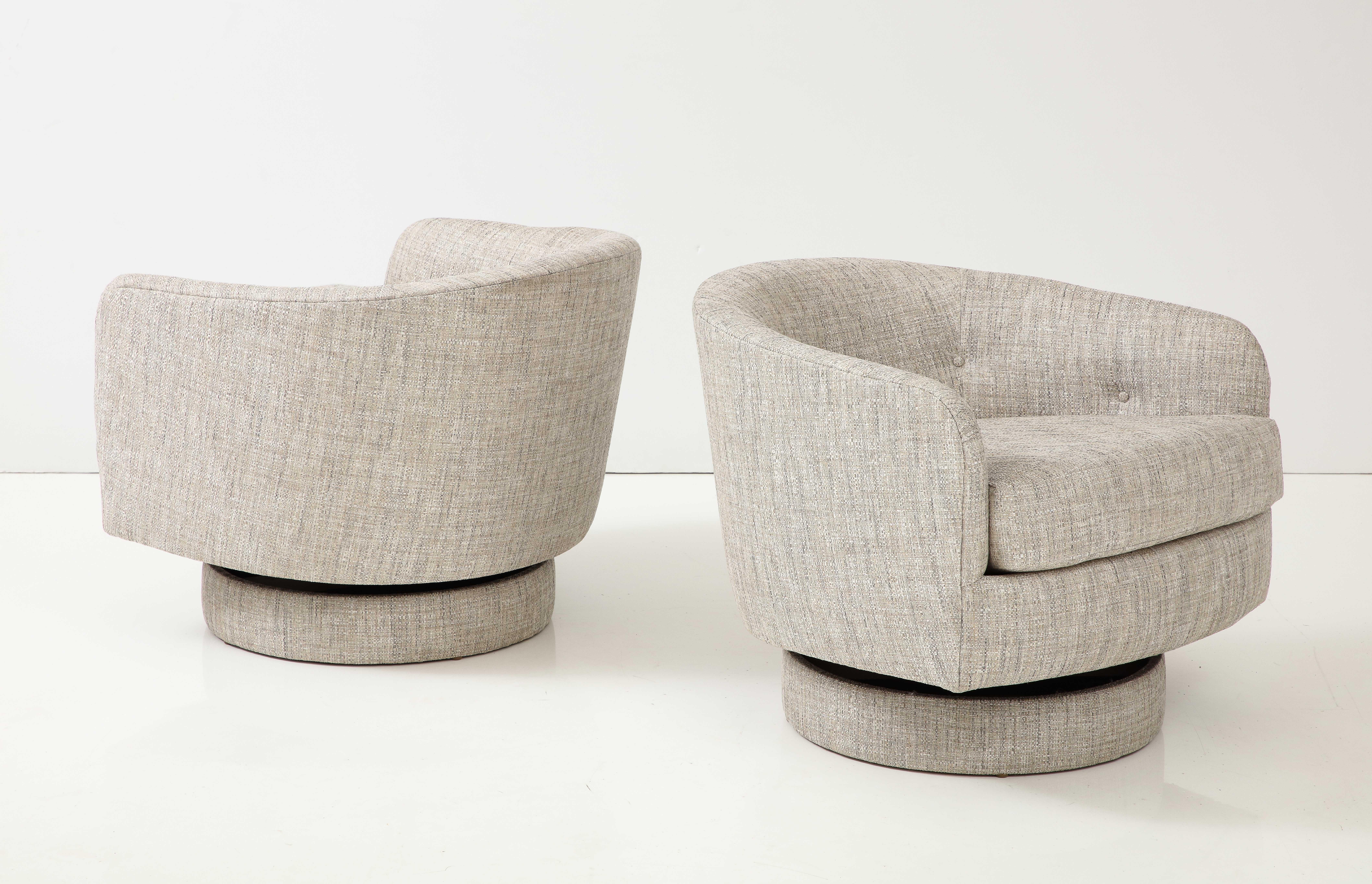 Milo Baughman Ecru Silk Tilt/Swivel Club Chairs, labeled 2