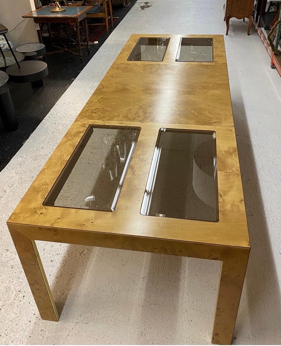 Mid-Century Modern Expandable Burl Wood and Glass Burled Dining Table, circa 1977