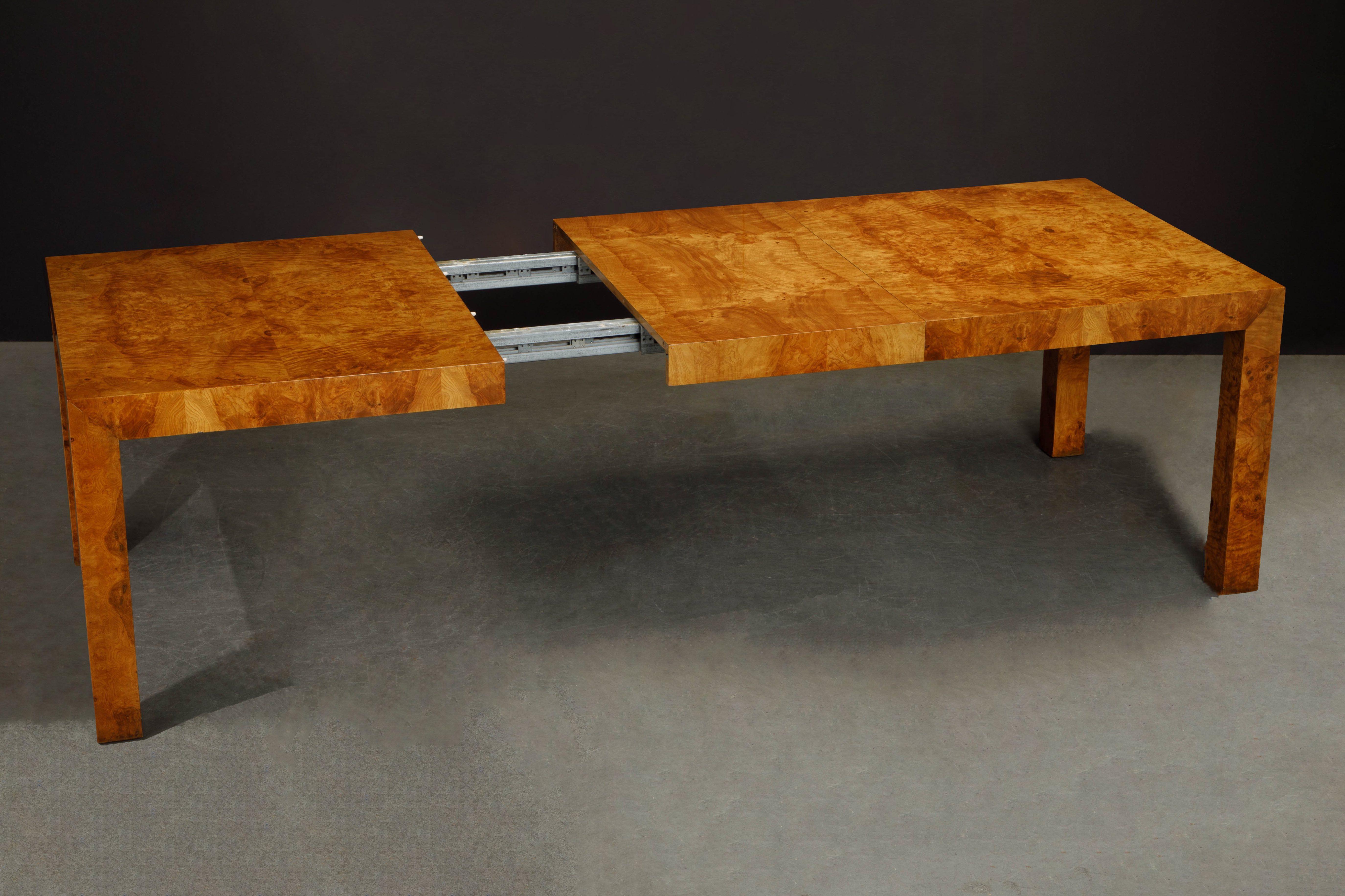 Milo Baughman Extendable Burl Dining Table Refinished in a French Polish, 1970s  3