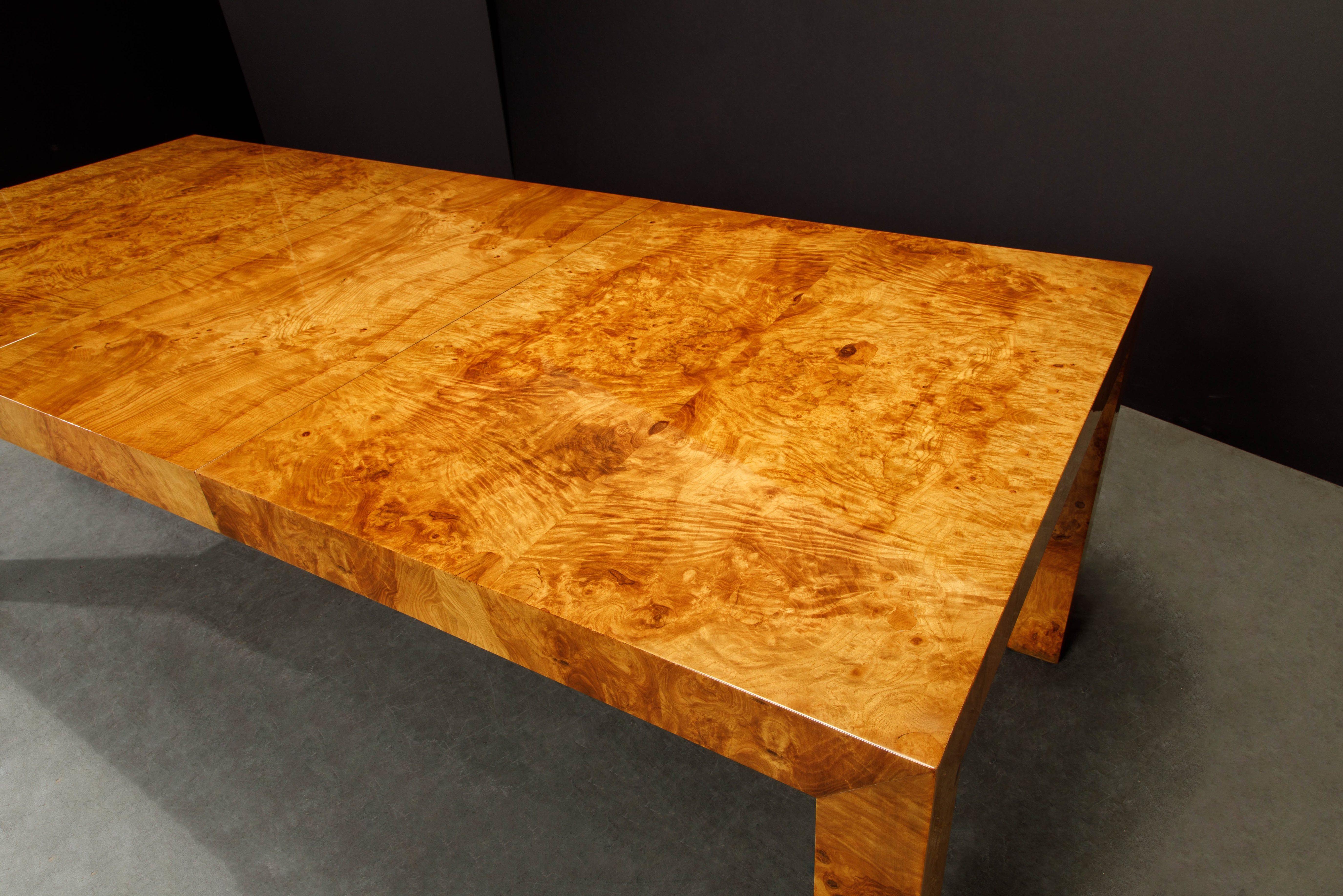 Milo Baughman Extendable Burl Dining Table Refinished in a French Polish, 1970s  5